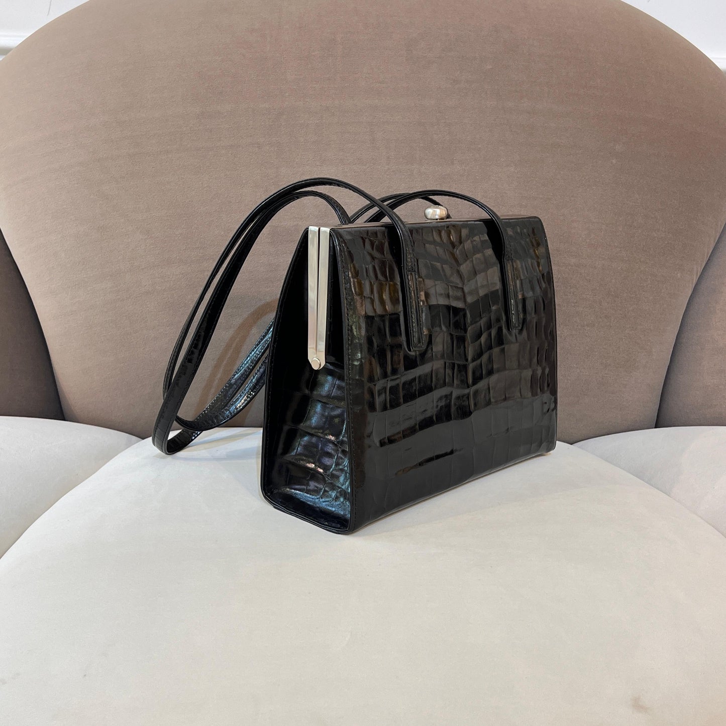 Versace Vintage Black Crocodile-Embossed Leather Tote Bag With Clasp Closure