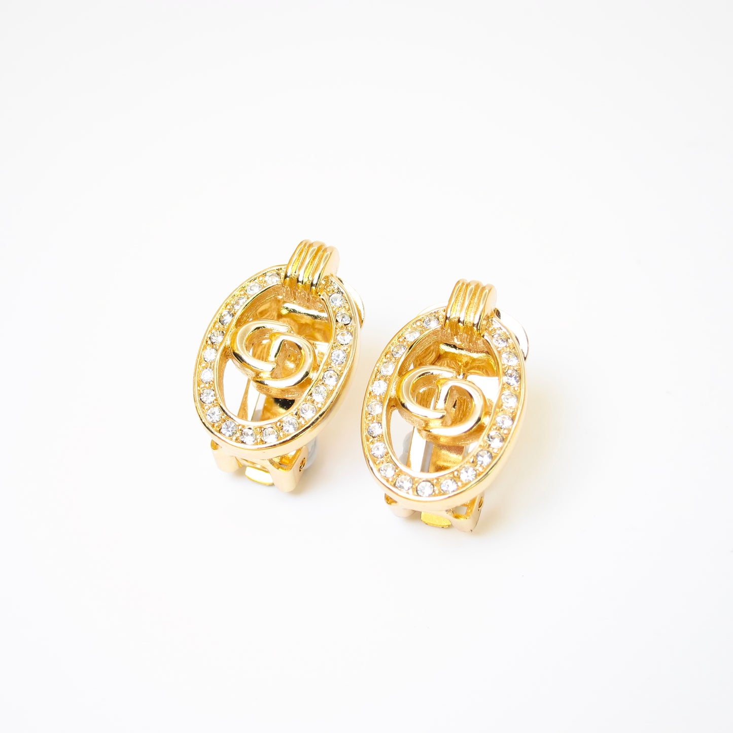 Christian Dior Vintage CD Logo in Oval Shape with Rhinestone Golden Clip-on Earrings