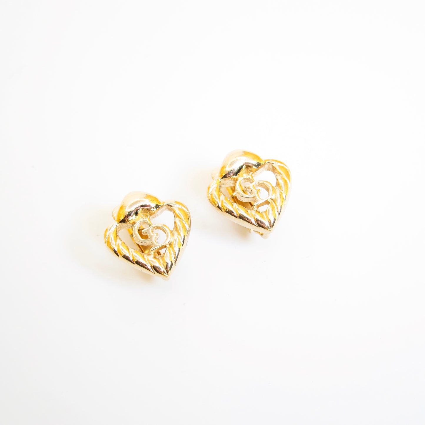 Christian Dior Vintage CD Logo in Heart Shape Golden Clip-on Earrings