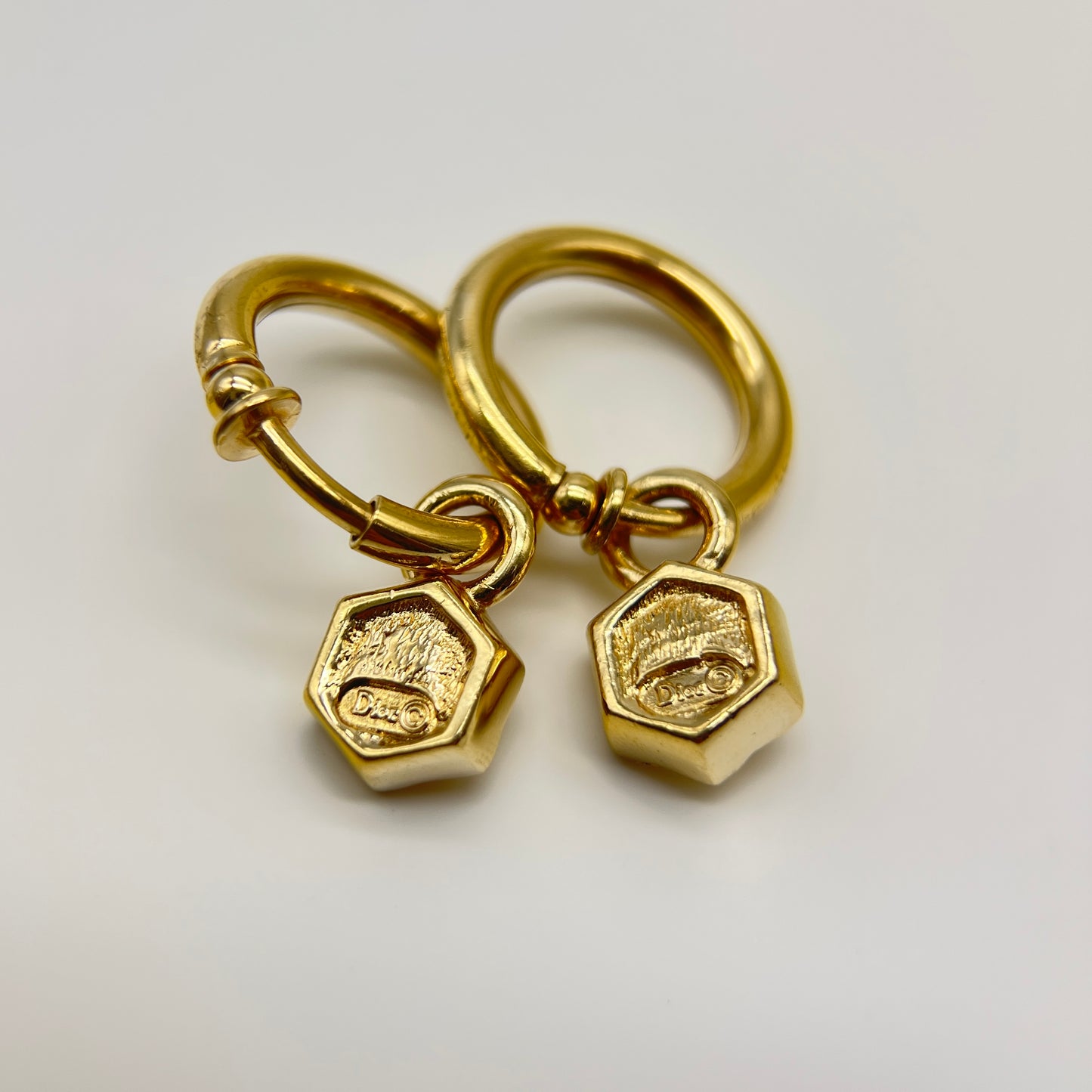 Christian Dior Vintage Hexagon Shape with Rhinestone Dangling Golden Hoop Earrings