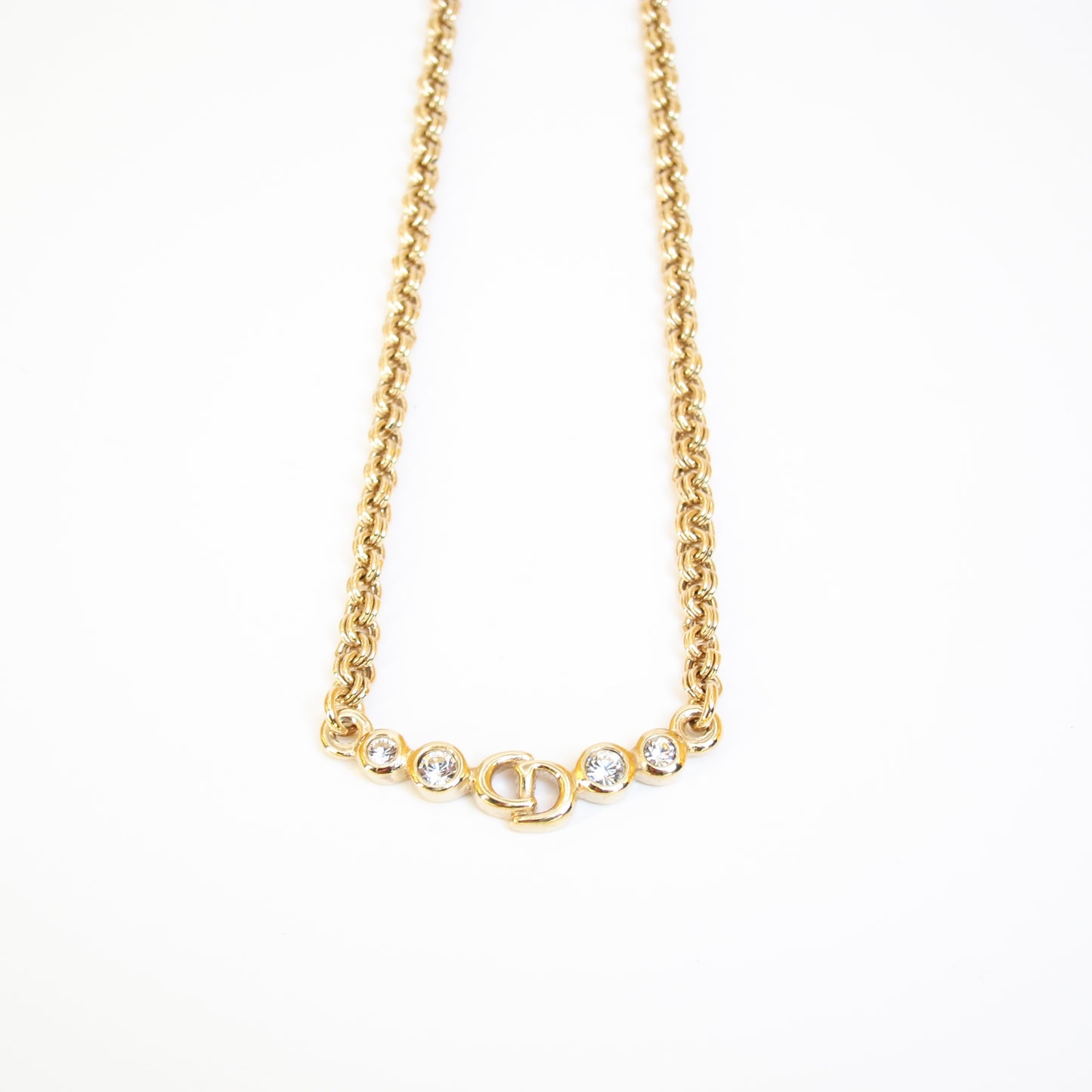Christian Dior Vintage CD Logo and Rhinestone Golden Necklace