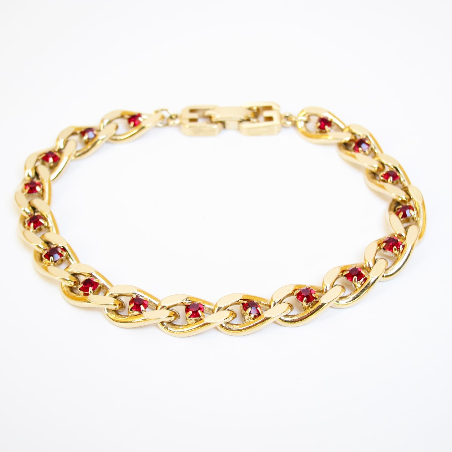 Givenchy Vintage Stylish Red Rhinestone Golden Chain Bracelet