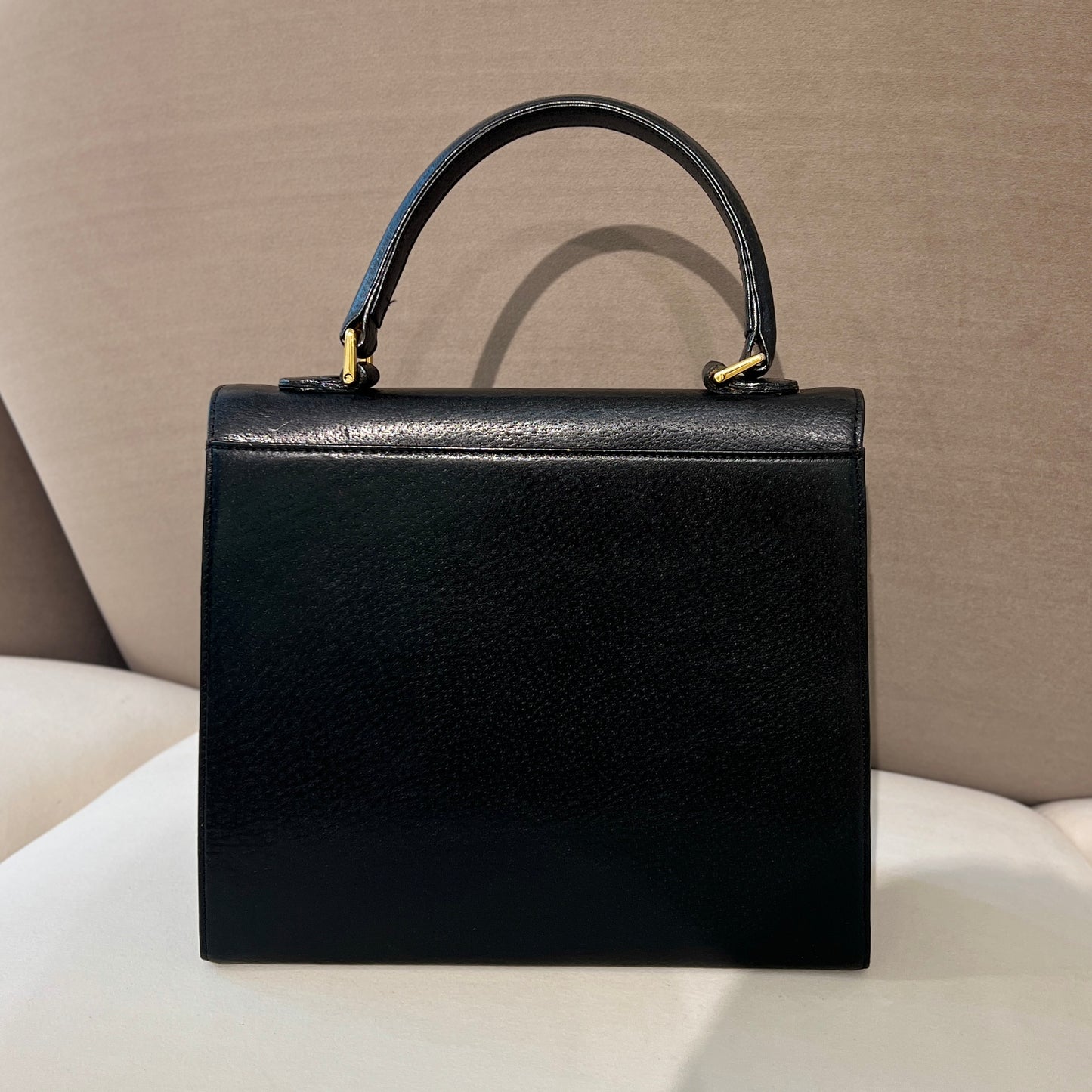 Valentino Vintage Golden Buckle With Black Leather Top Handle Handbag