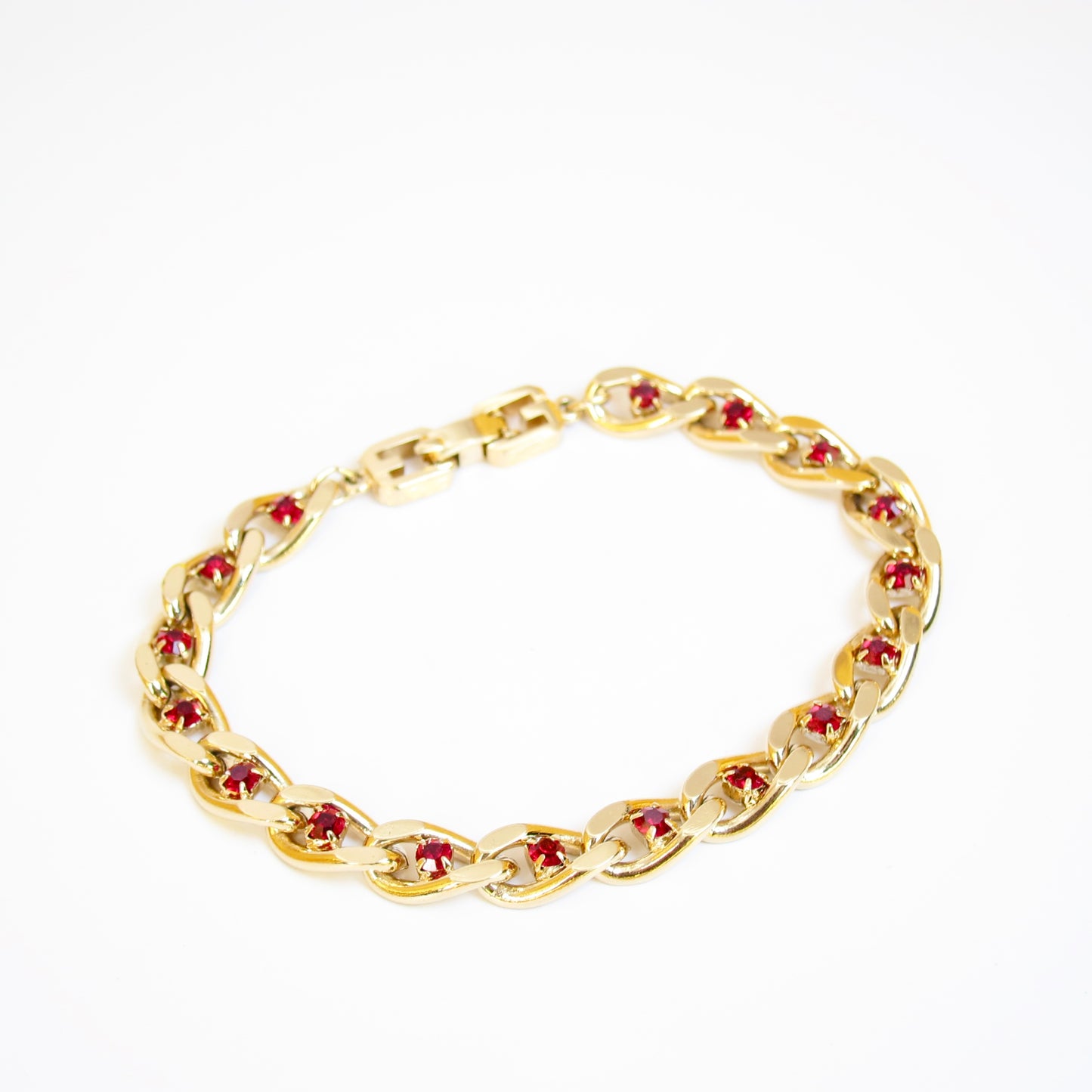 Givenchy Vintage Stylish Red Rhinestone Golden Chain Bracelet