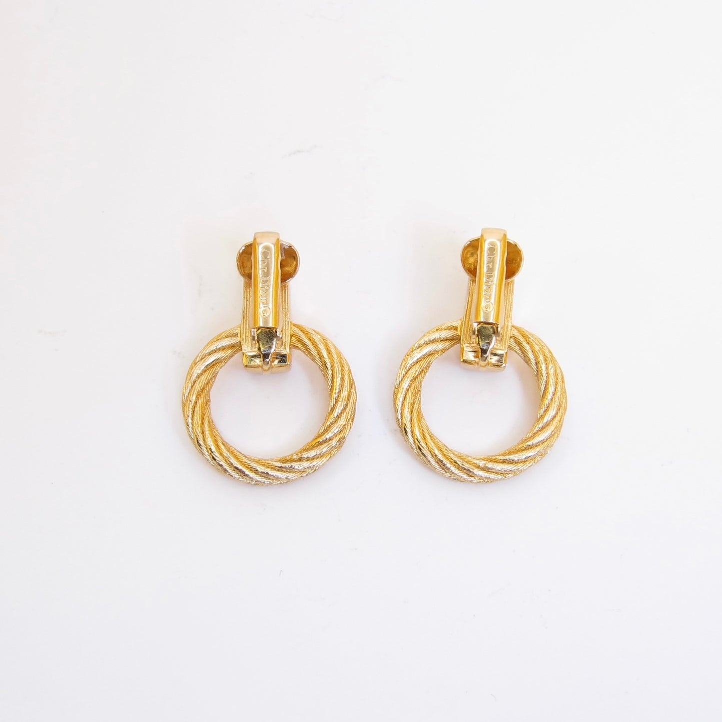 Christian Dior Vintage Twisted Circle and Rhinestone Golden Clip-on Earrings