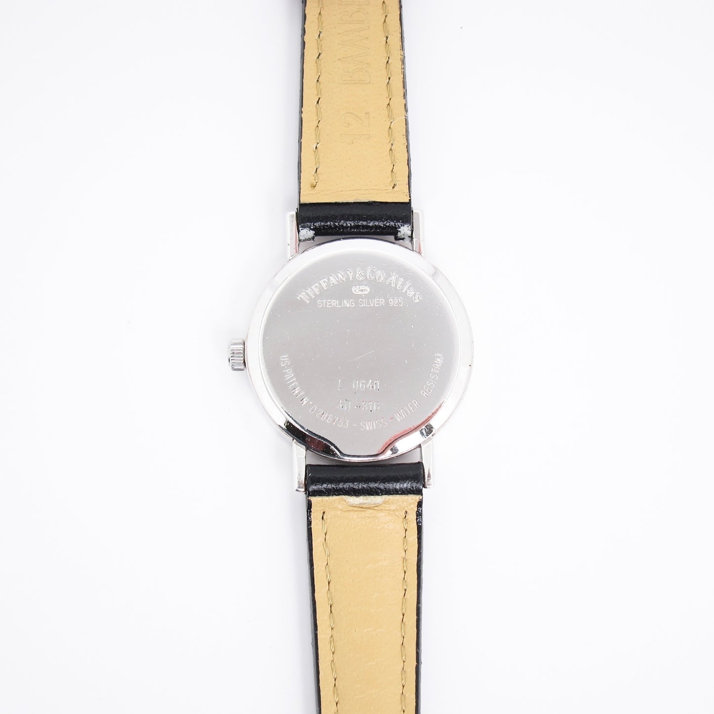 Tiffany Vintage Atlas Round Dial 925 Sterling Silver and Black Leather Strap Quartz Watch