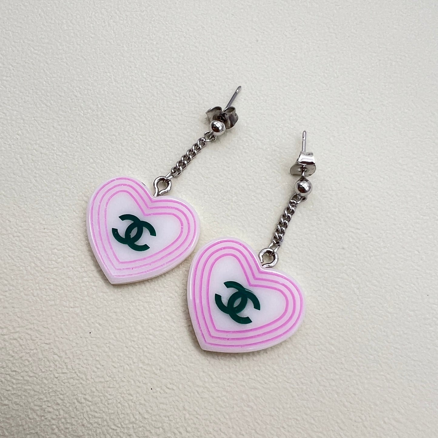 Chanel Vintage White Heart Green CC Logo Earrings