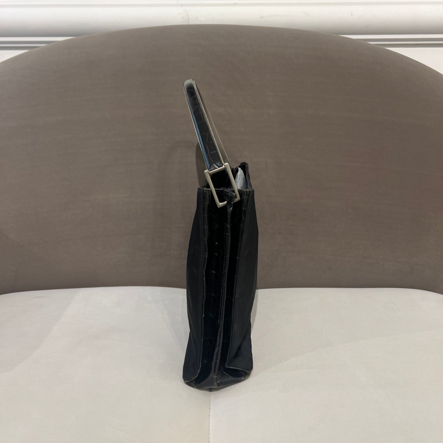 Prada Vintage Black Tessuto Metallo With Plastic Top Handle