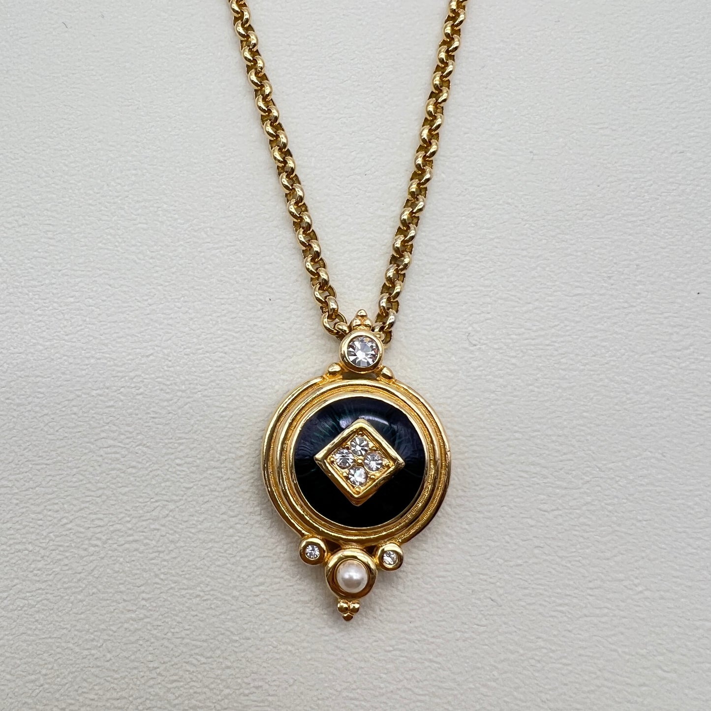 Burberry Vintage Dark Green Rhinestone and Pearl Round Shape Pendant Golden Long Necklace