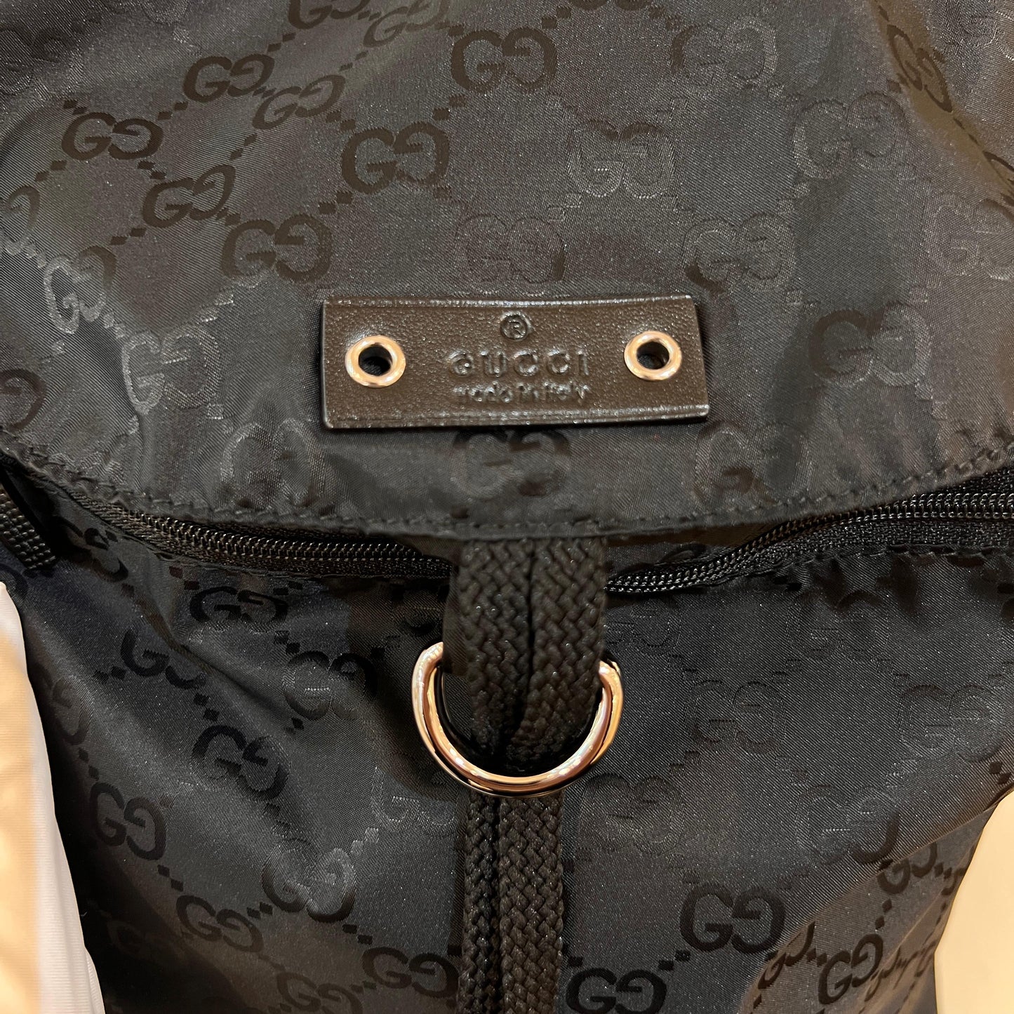 Gucci Vintage GG Nylon Bear Charm Drawstring Backpack Black