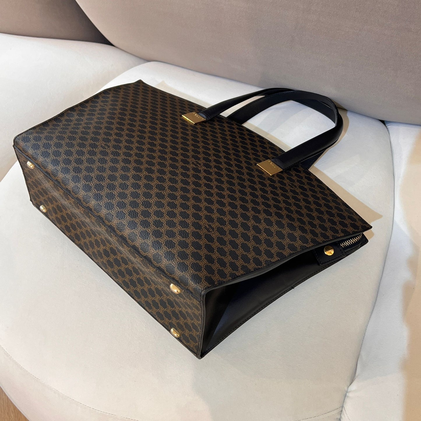Celine Vintage Macadam Black Coated Canvas Leather Trim Tote Bag