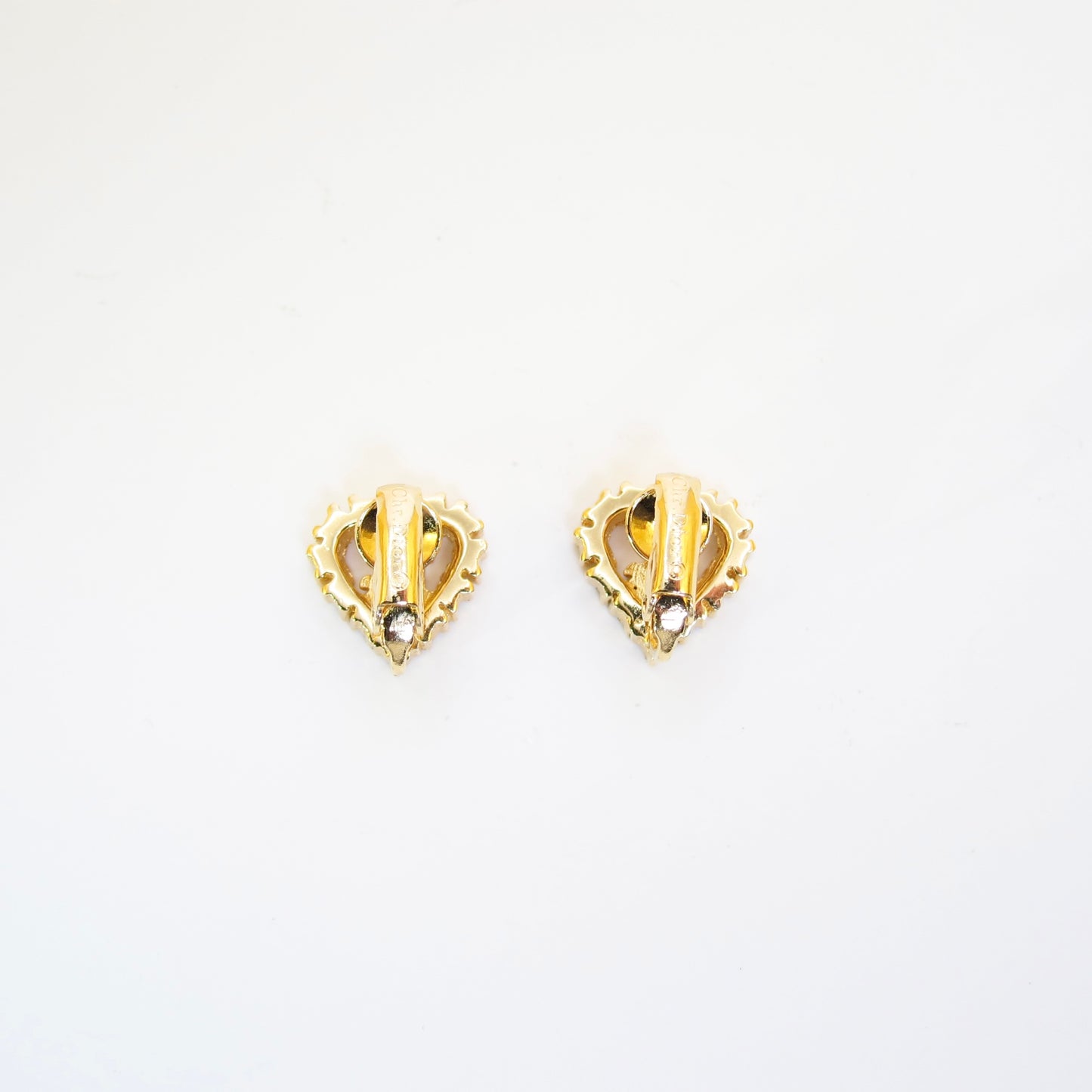 Christian Dior Vintage Dior Logo in Heart with Rhinestone Golden Clip-on Earrings