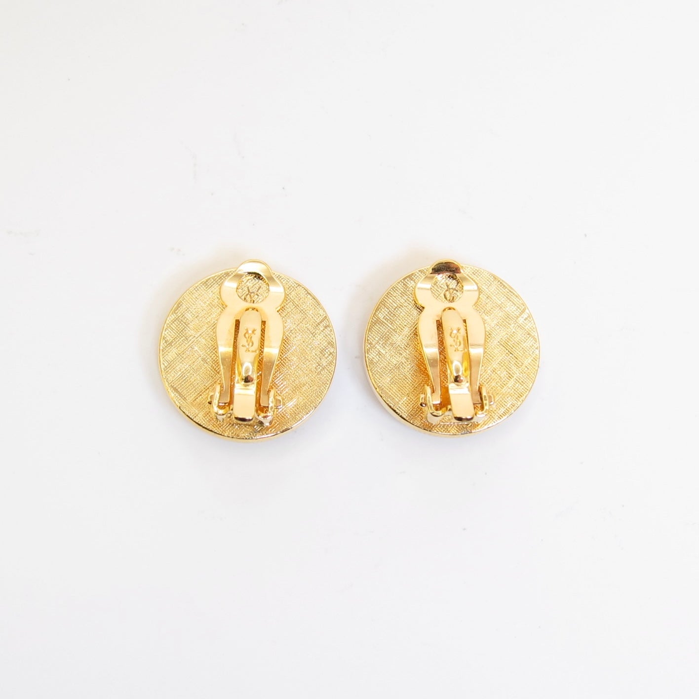 Yves Saint Laurent Vintage YSL Logo on Silver Circle with Rhinestone Golden Clip-on Earrings