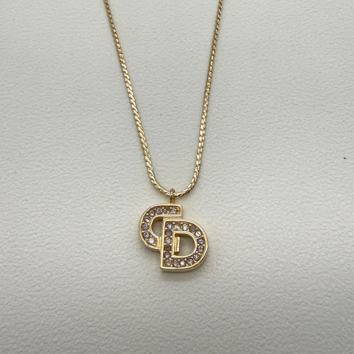 Christian Dior Vintage CD Logo with Rhinestone Golden Necklace
