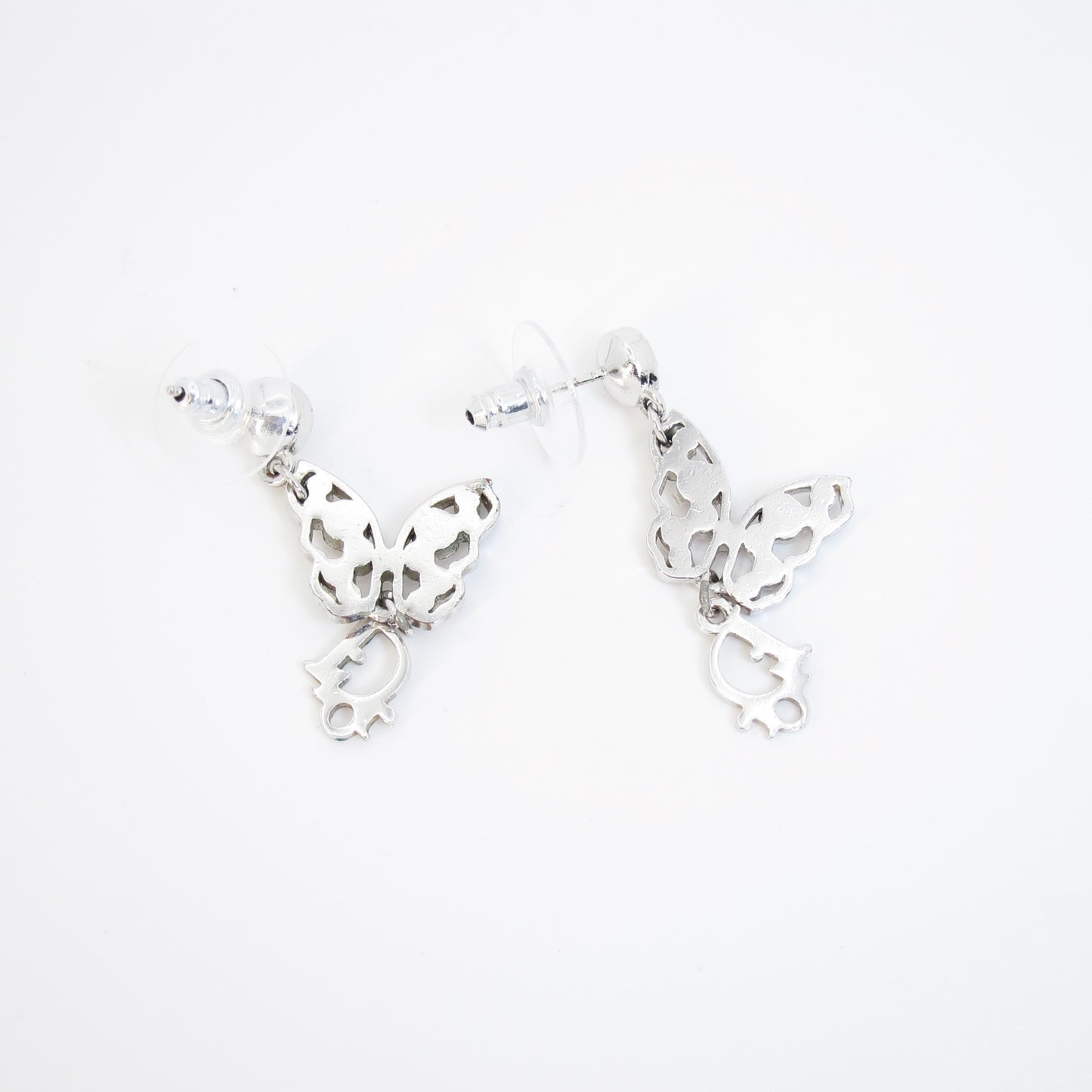Christian Dior Vintage Dior Logo and Butterfly with Rhinestone Silver Earrings