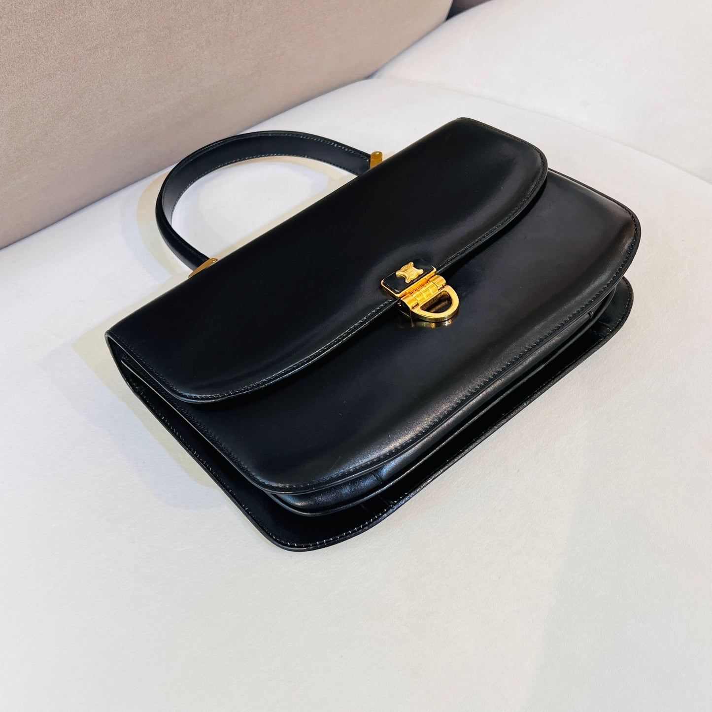 Celine Vintage Triomphe Black Smooth Leather Gold Clasp Top Handle Handbag