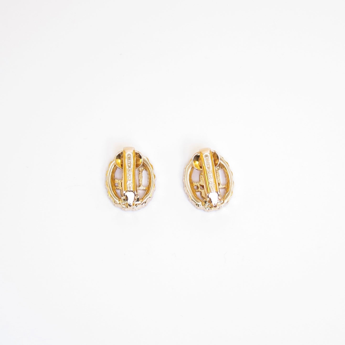 Christian Dior Vintage Dior Logo in Oval Shape with Rhinestone Golden Clip-on Earrings