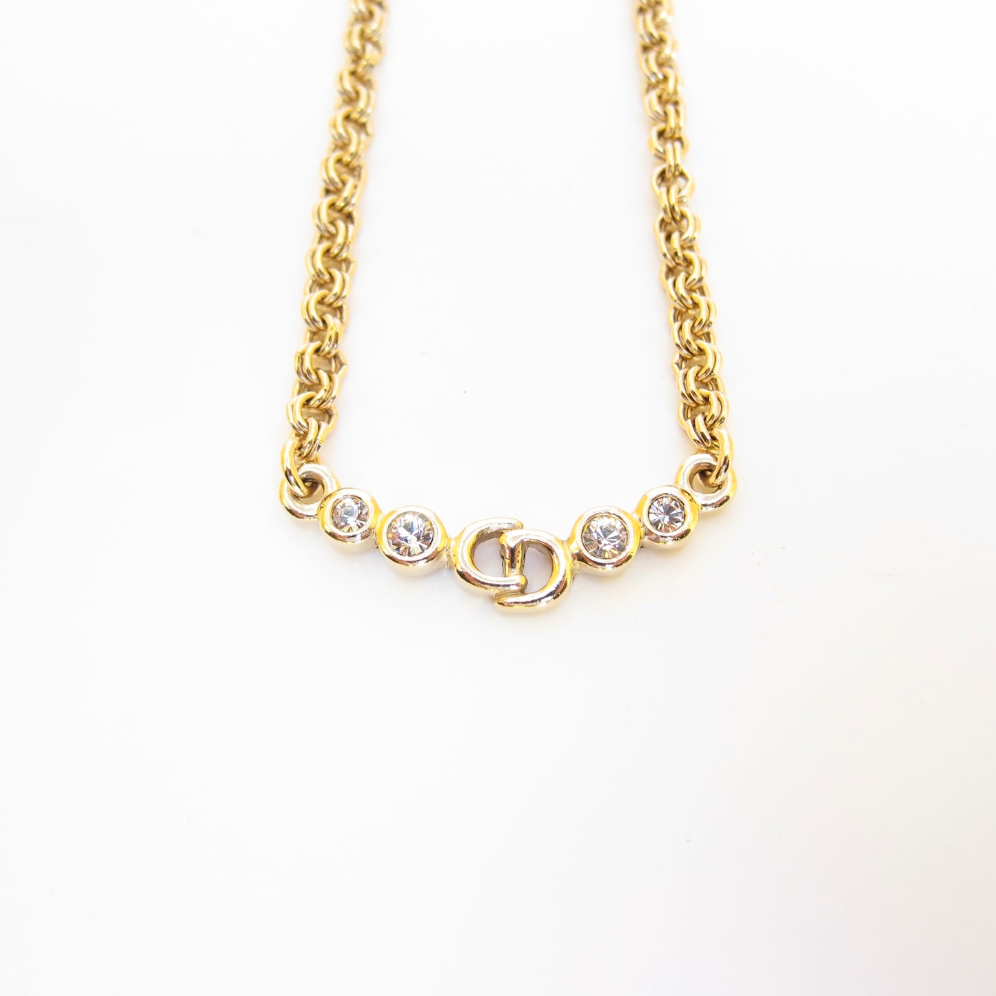 Christian Dior Vintage CD Logo and Rhinestone Golden Necklace