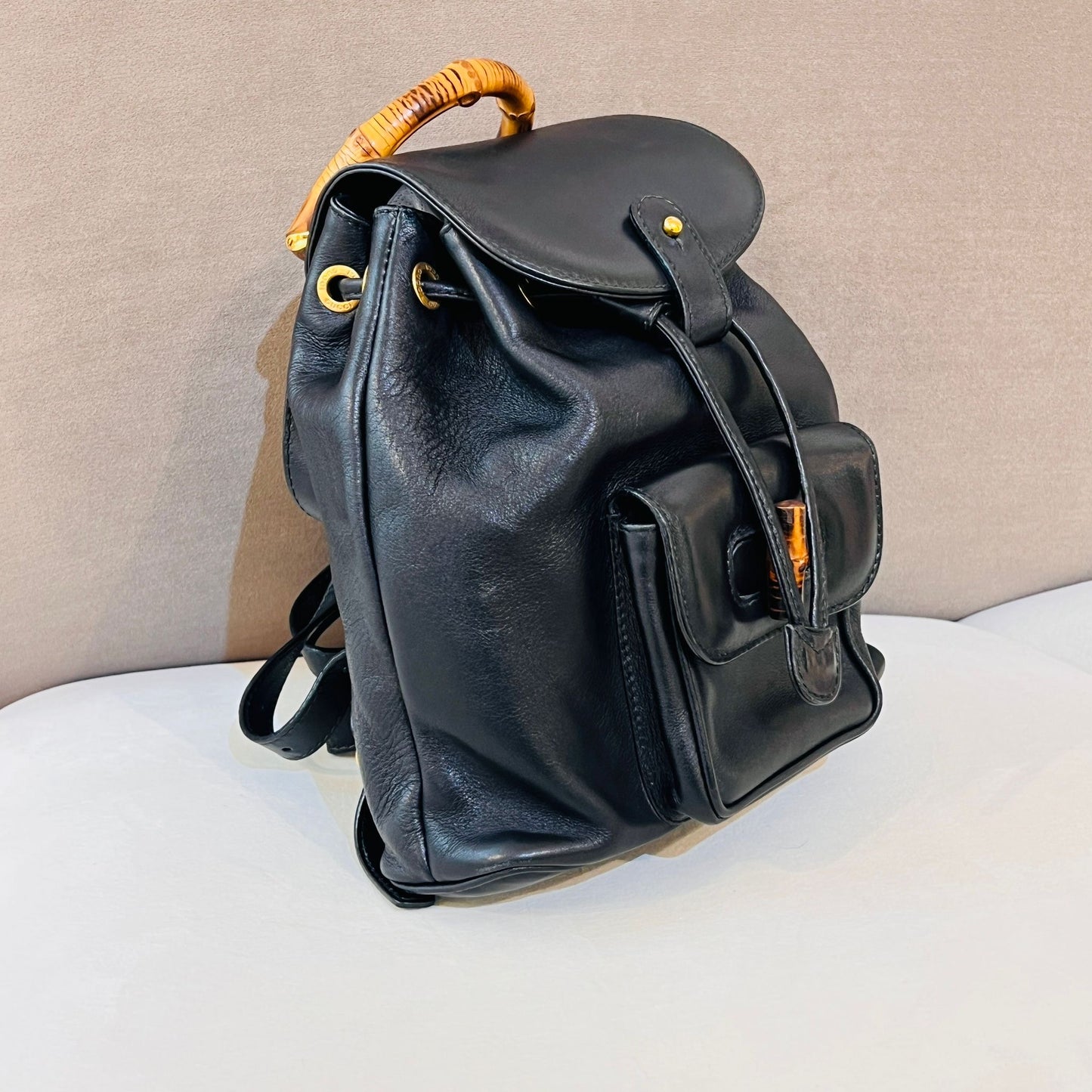 Gucci Vintage Bamboo Black Leather Small Backpack