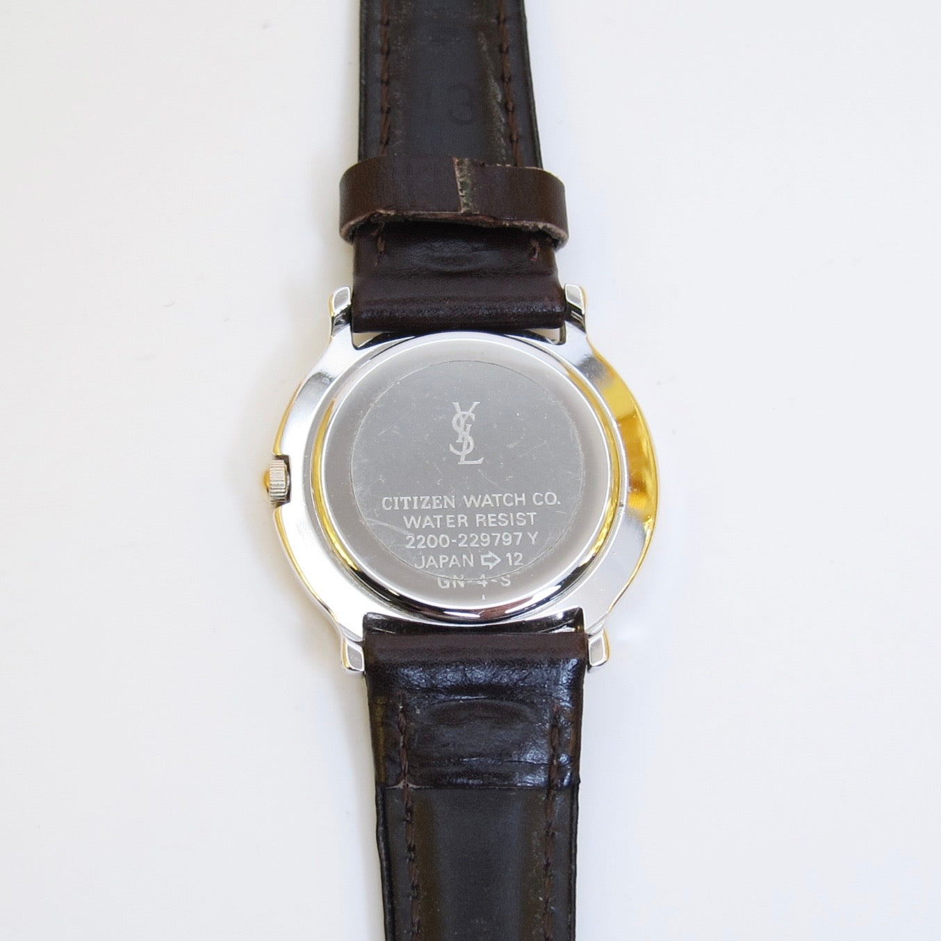 Yves Saint Laurent Vintage Round White Face with Black Leather Strap Two Tone Watch