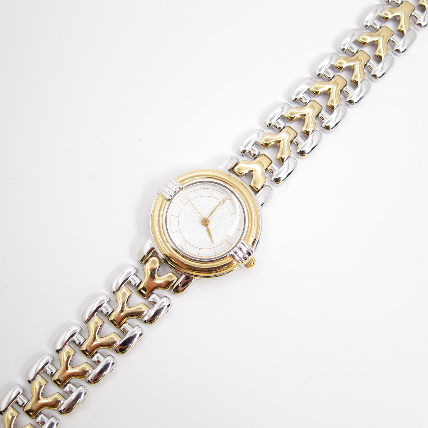 Yves Saint Laurent Vintage Gold and Silver Two Tone Watch with Y Logo Bracelet