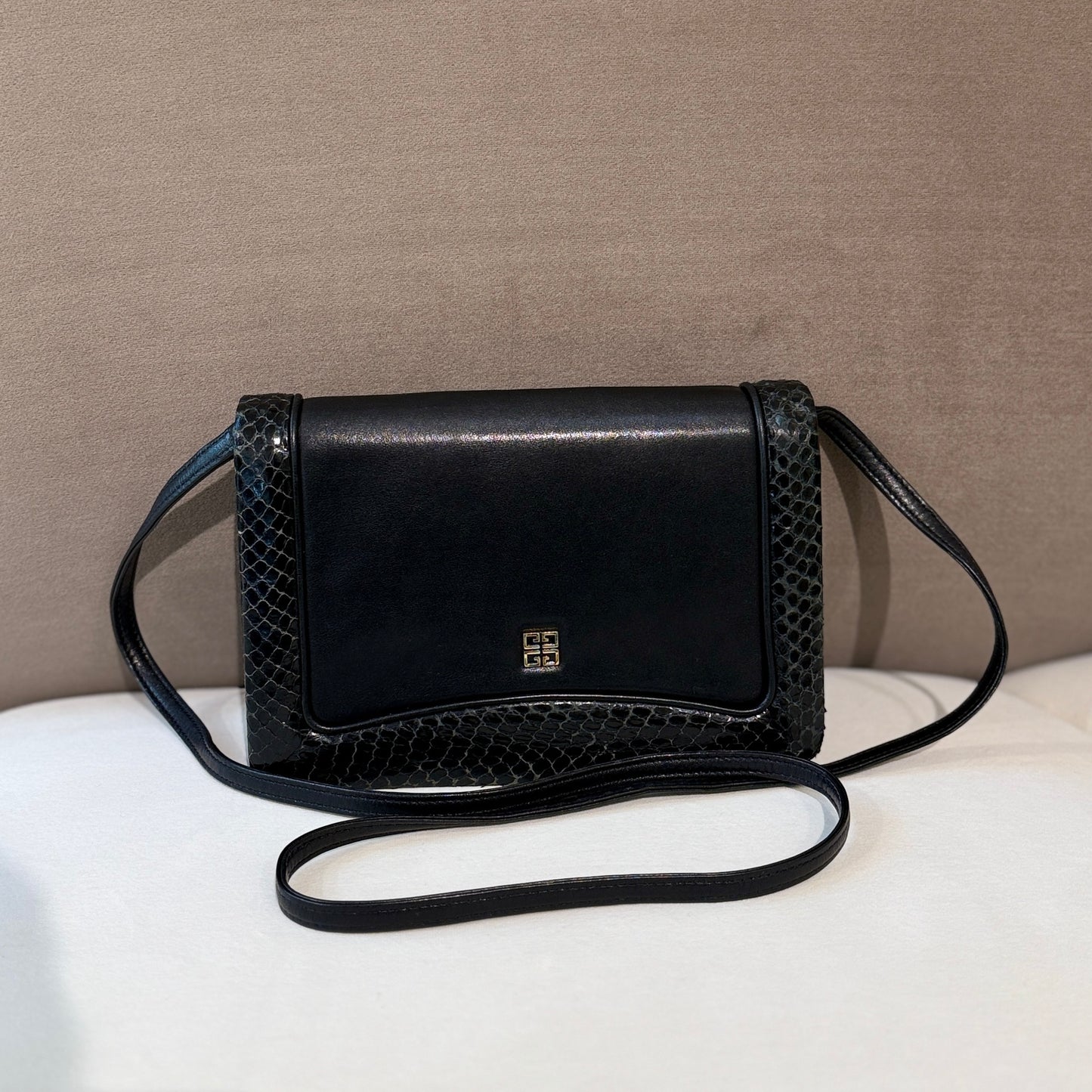 Givenchy Vintage Black Leather Shoulder Bag With Python Trim And Mini Anagram Logo