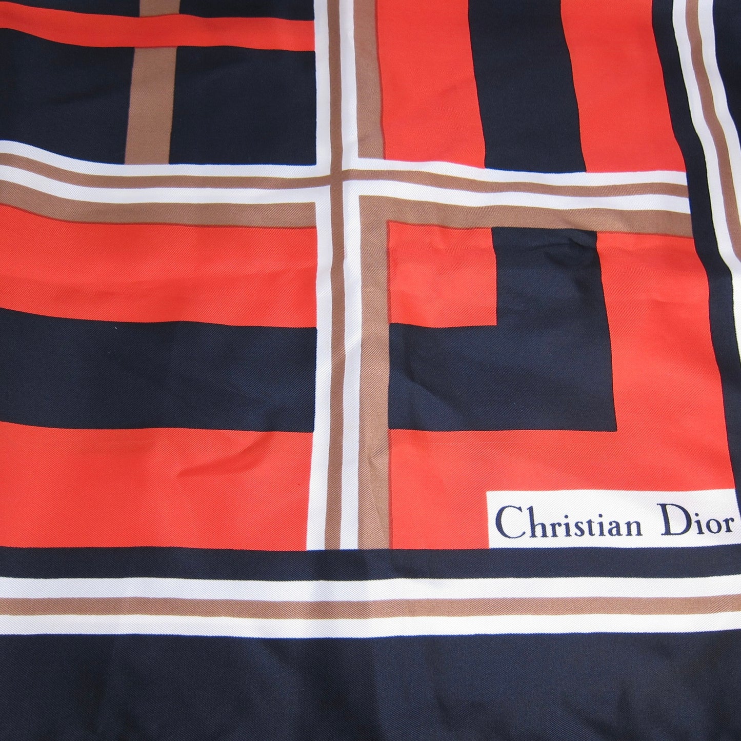 Christian Dior Vintage Navy and Red Geometric Striped Silk Square Scarf