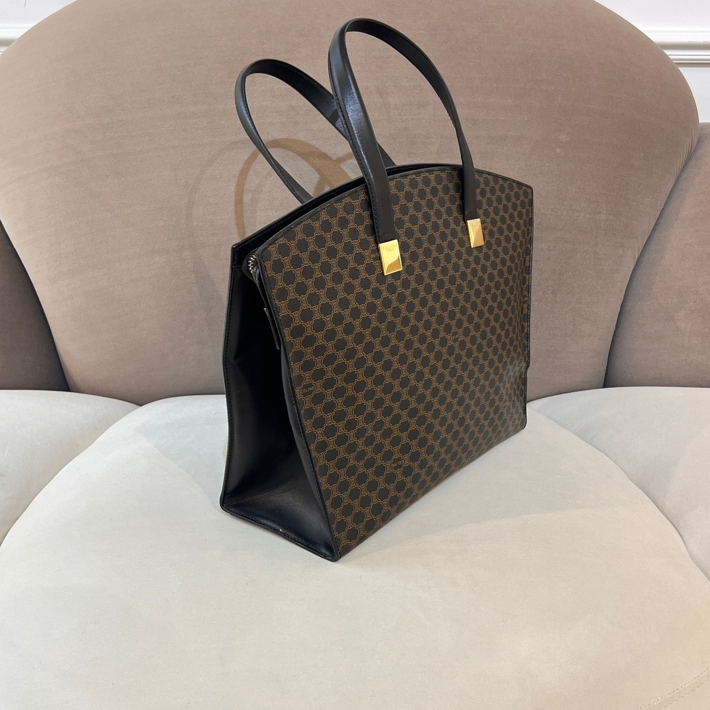 Celine Vintage Macadam Black Coated Canvas Leather Trim Tote Bag