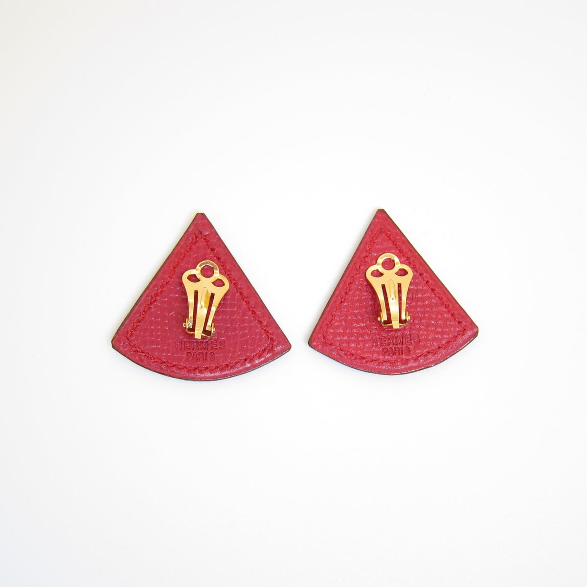 Hermès Vintage Red Leather Triangle Gold-Tone Clip-On Earrings