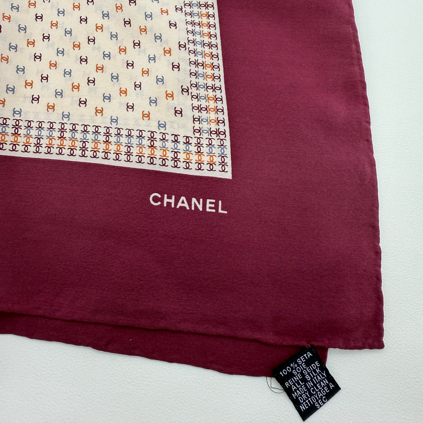 Chanel Vintage CC Logo Ivory and Red Silk Scarf