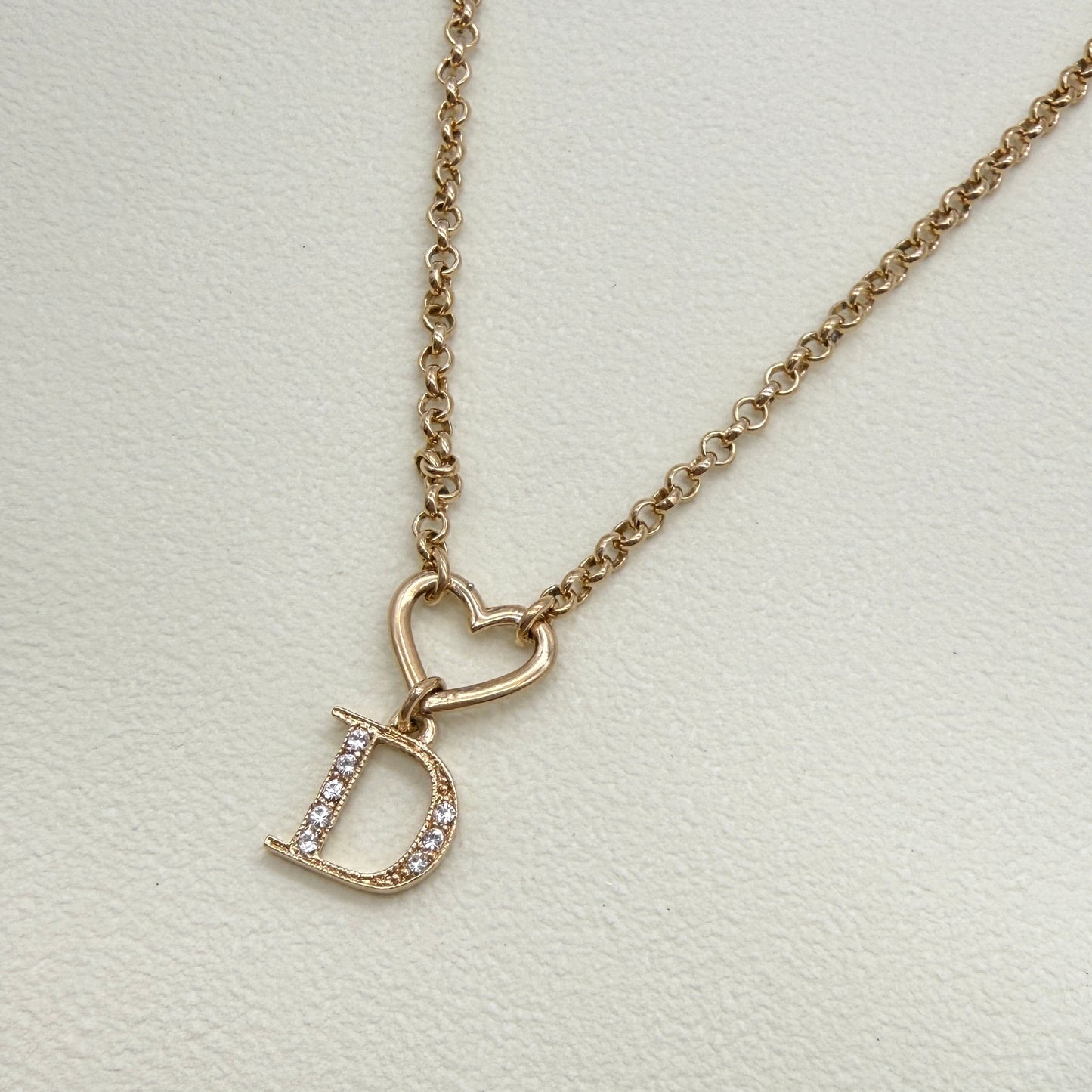 Christian Dior Vintage D Logo with Rhinestone and Heart Golden Necklace