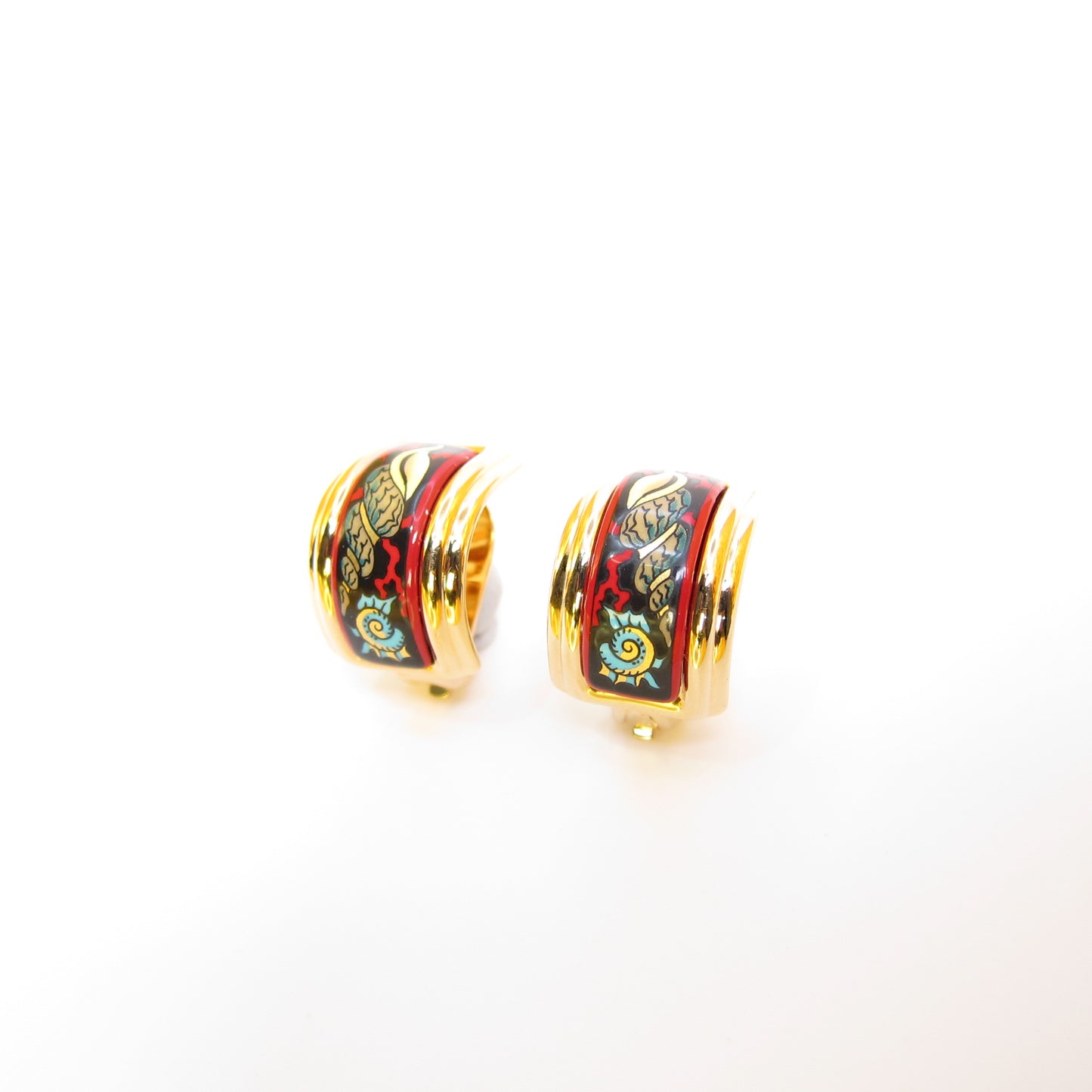 Hermes Vintage Shell Cloisonne Enamel Golden Clip-on Earrings