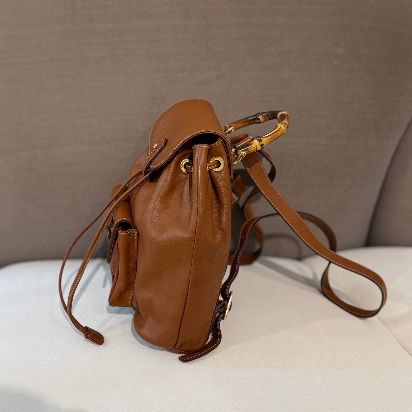 Gucci Vintage Mini Bamboo Tan Leather Backpack With Front Pocket