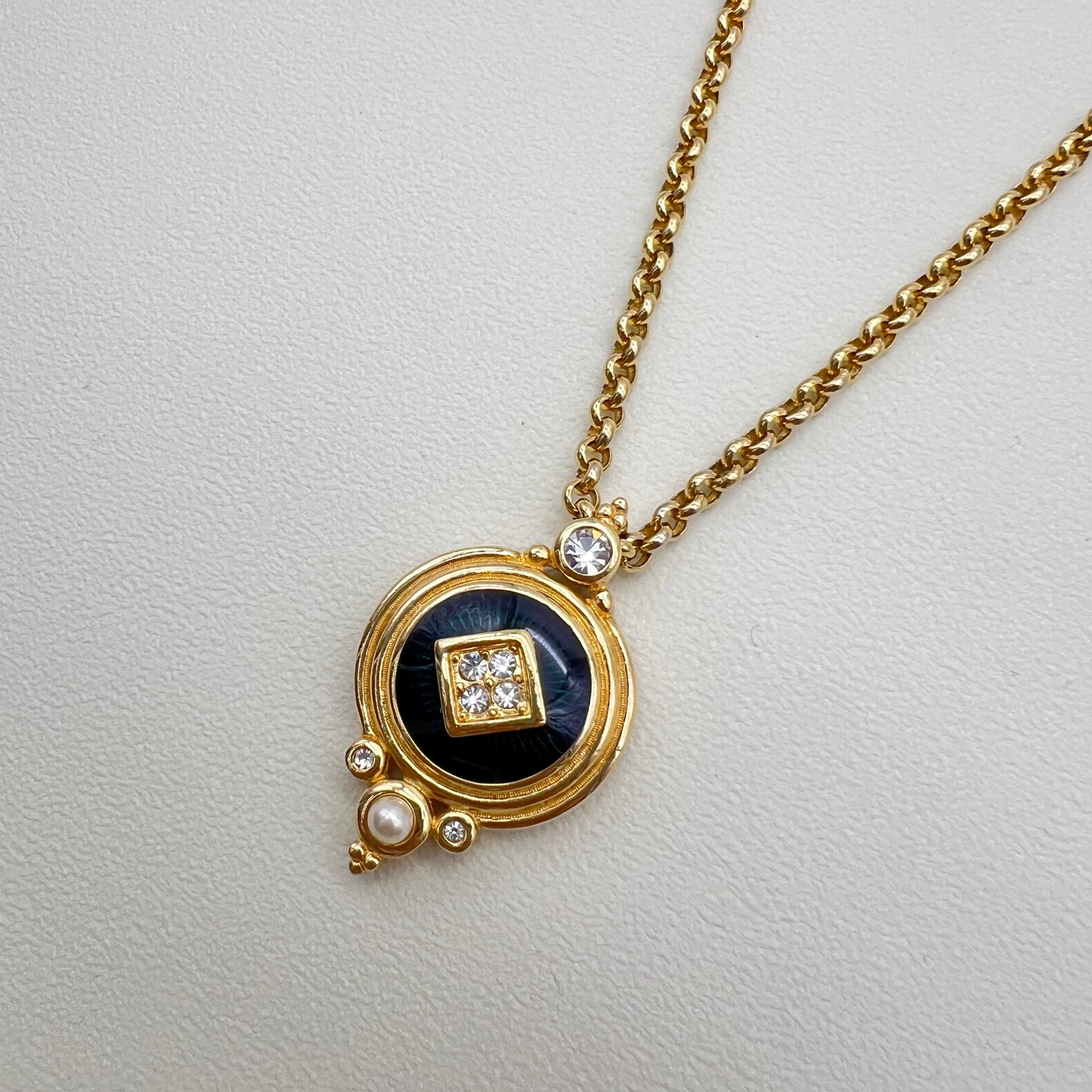 Burberry Vintage Dark Green Rhinestone and Pearl Round Shape Pendant Golden Long Necklace