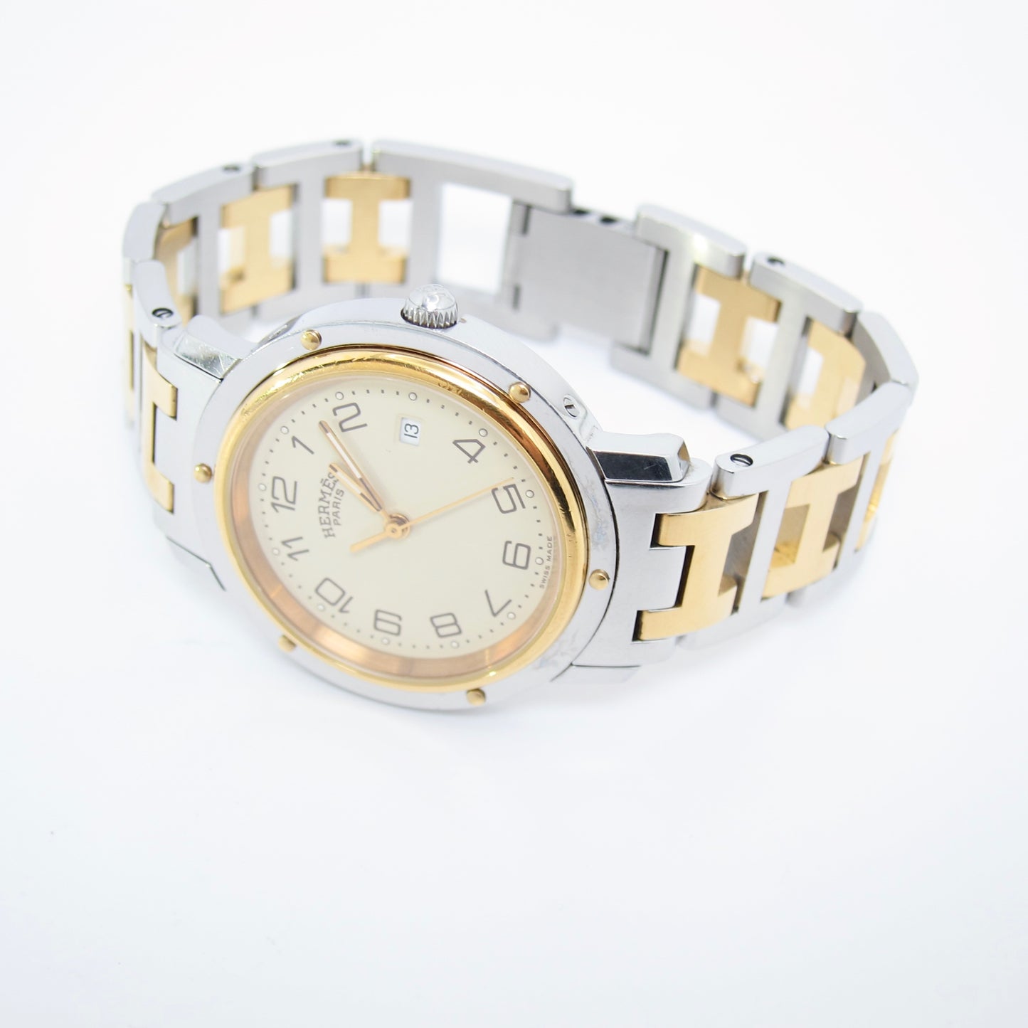 Hermes Vintage Clipper Ivory Dial with Date and H Bracelet Two Tone Watch