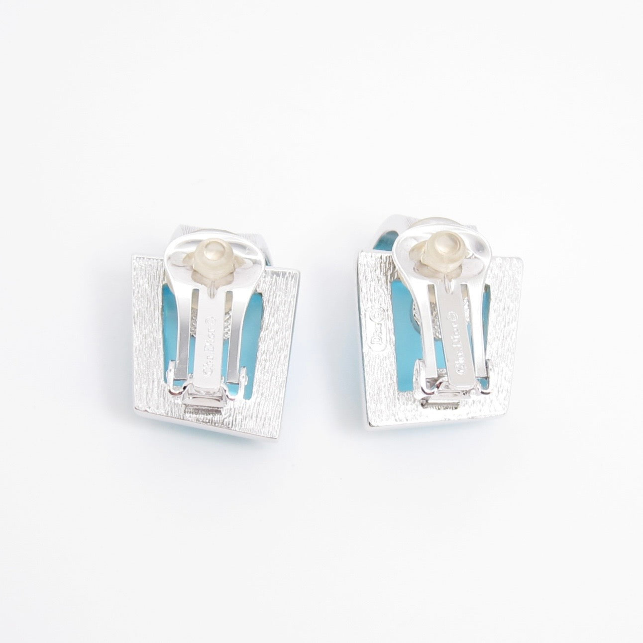 Christian Dior Vintage Rectangle Aqua Blue Stone Silver Clip-on Earrings