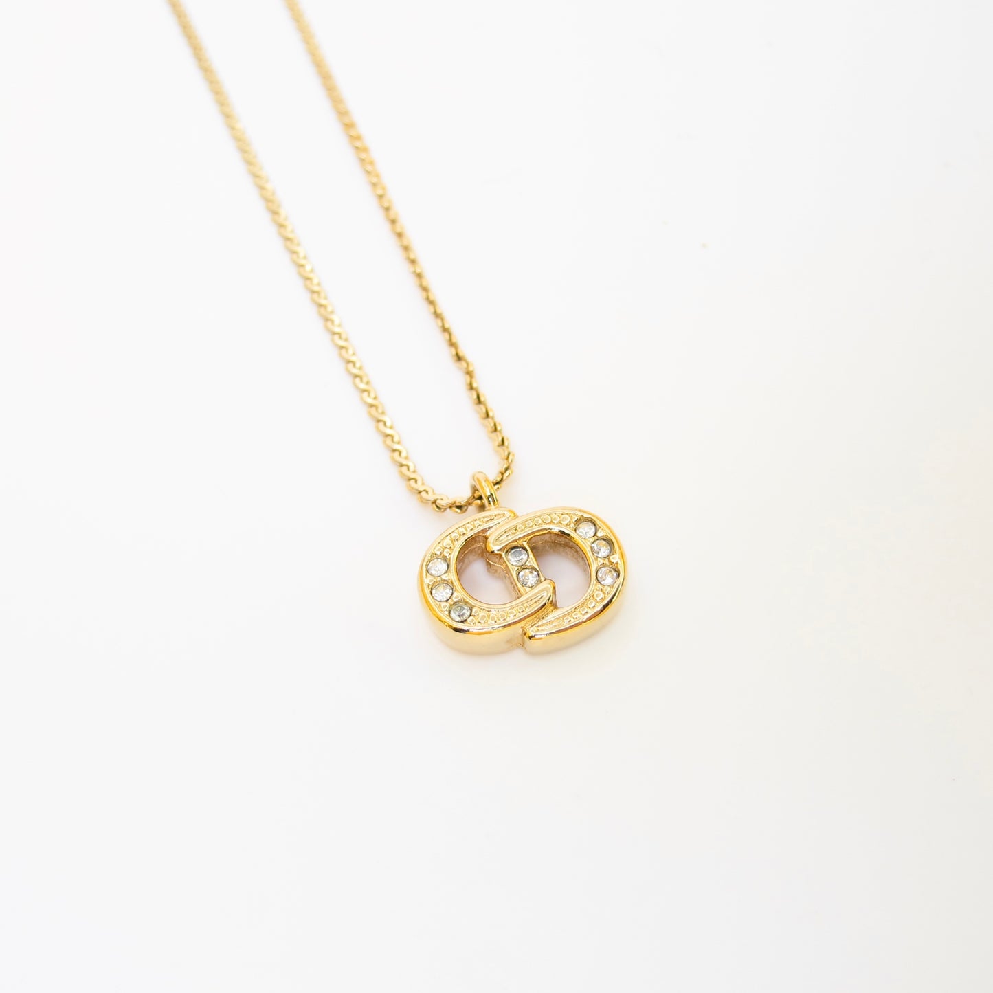 Christian Dior Vintage CD Logo with Rhinestone Golden Necklace