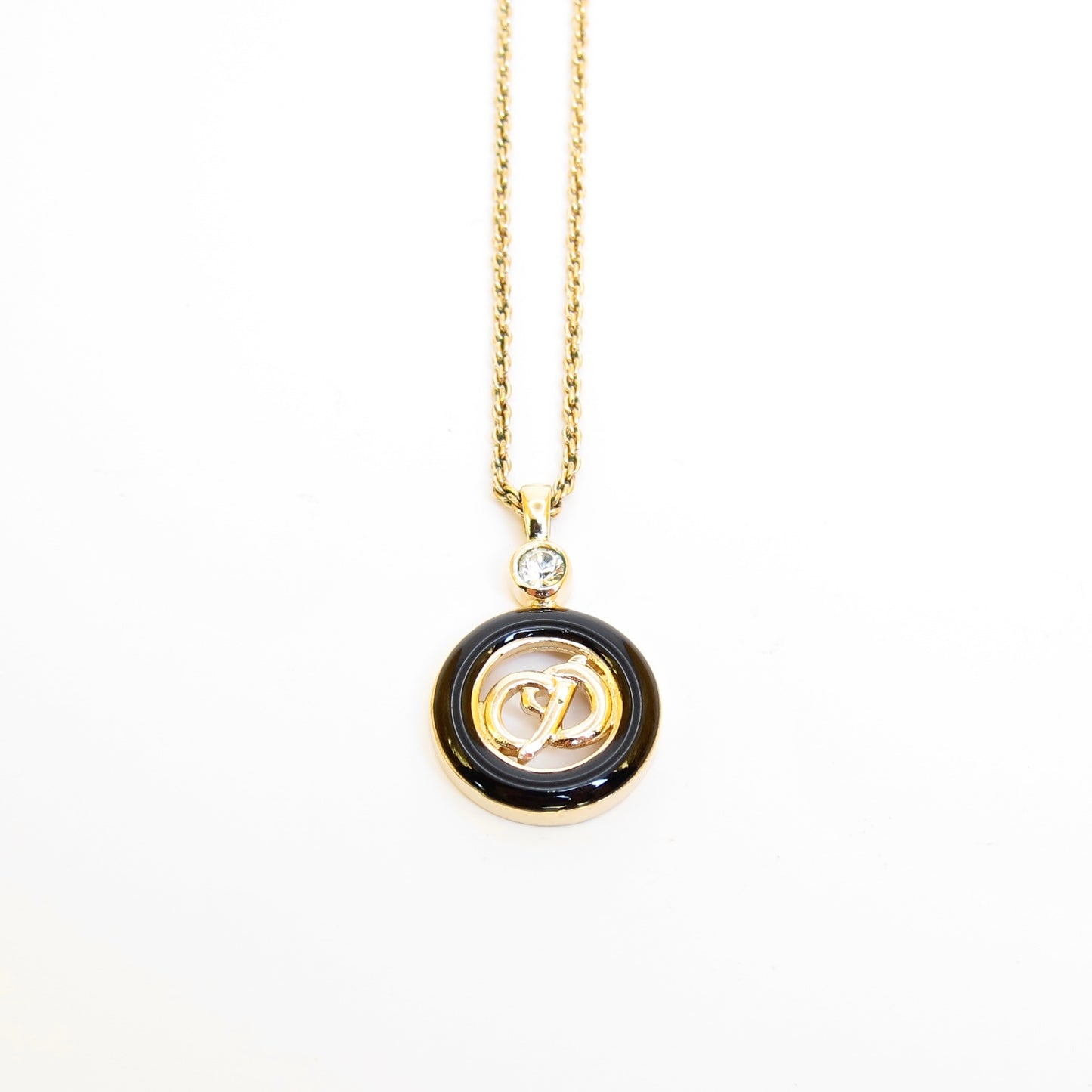Christian Dior Vintage CD Logo in Black Circle and Rhinestone Golden Necklace