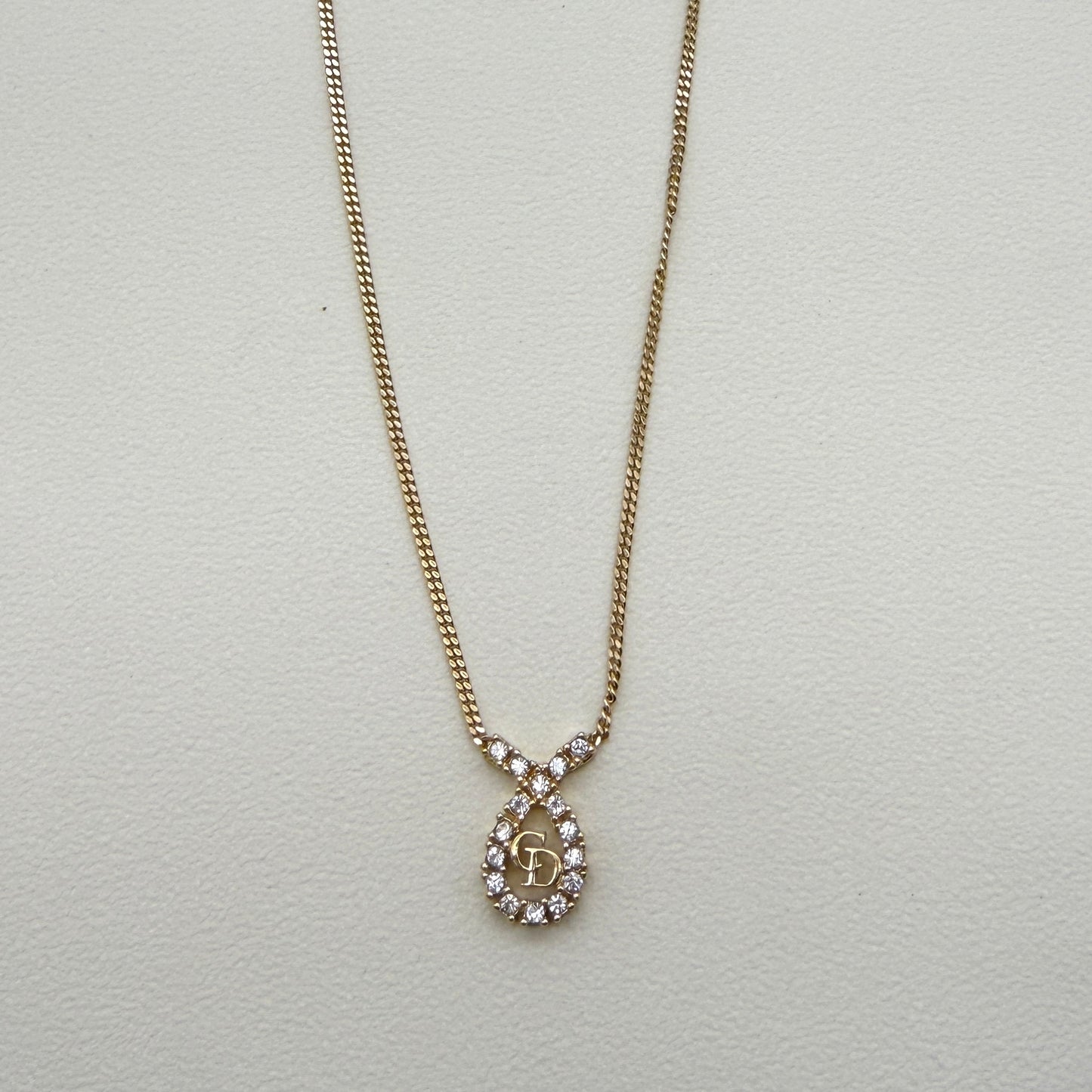 Christian Dior Vintage CD Logo in Drop Shape with Rhinestone Golden Necklace