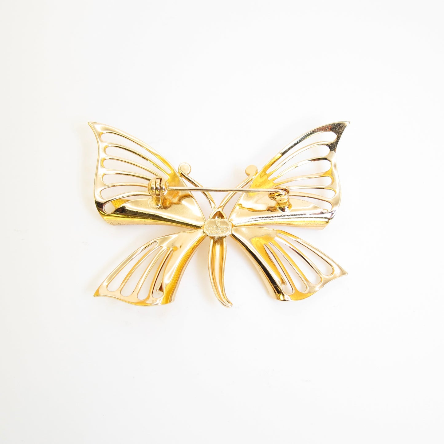 Christian Dior Vintage Butterfly Motif and Rhinestone Golden Brooch
