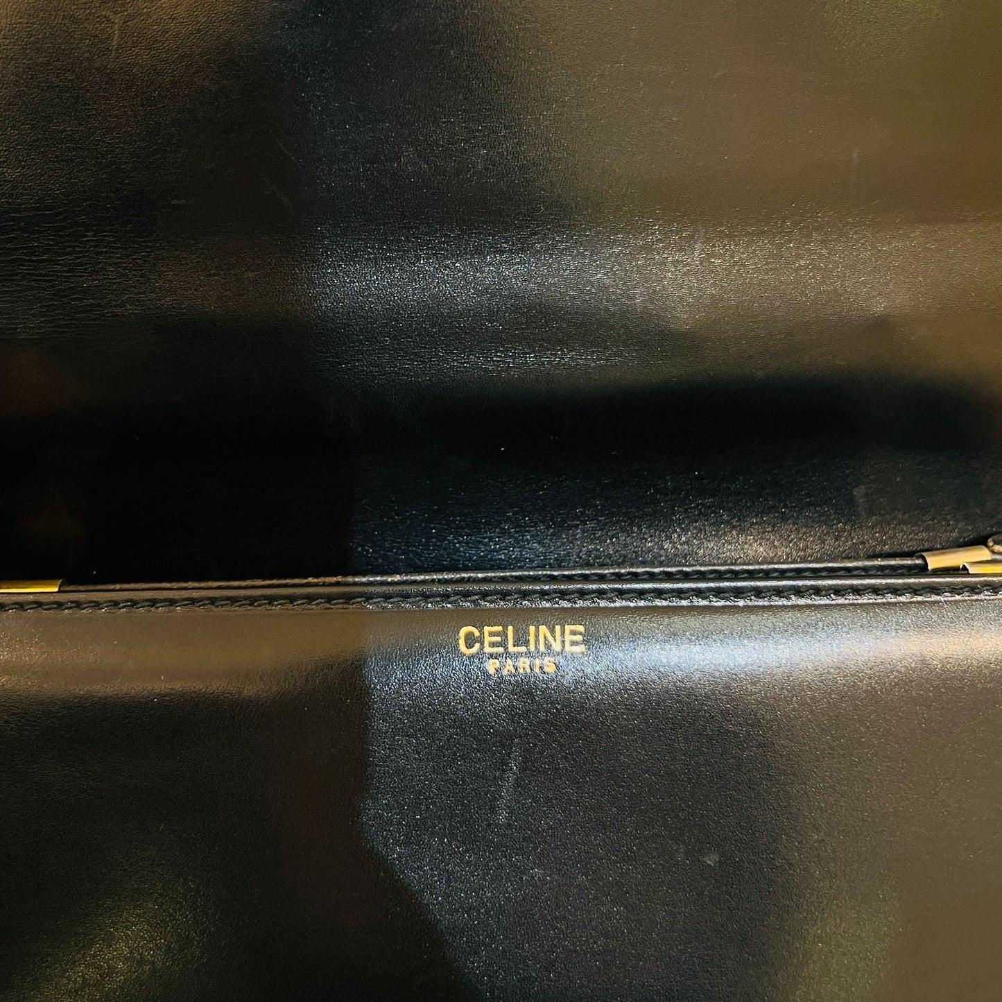 Celine Vintage Triomphe Black Smooth Leather Gold Clasp Top Handle Handbag