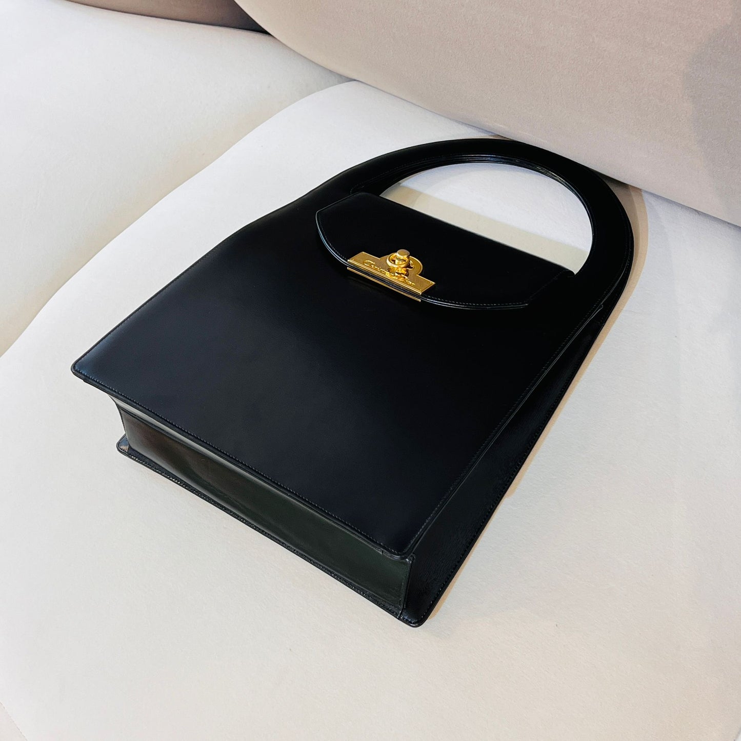 Christian Dior Vintage Black Smooth Leather Gold Logo Top Handle Bag