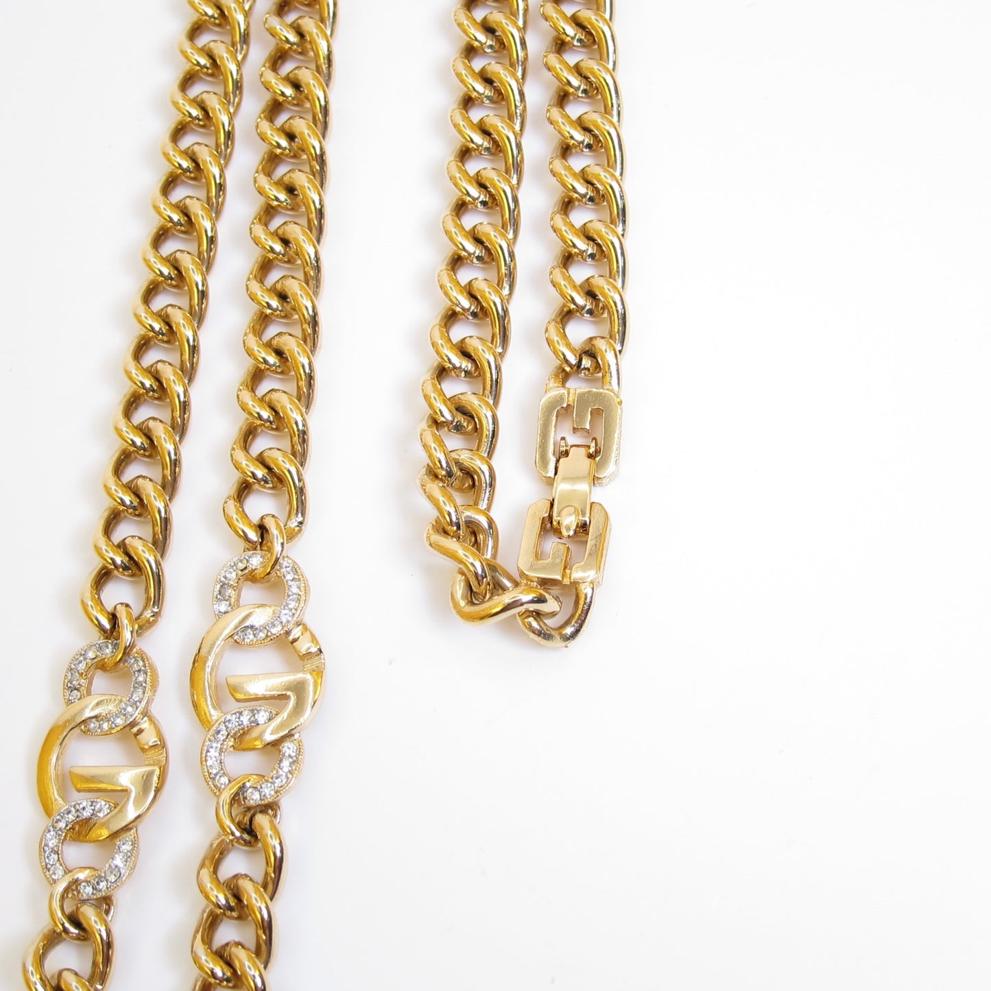 Givenchy Vintage G Logo and Rhinestone Golden Long Chain Necklace