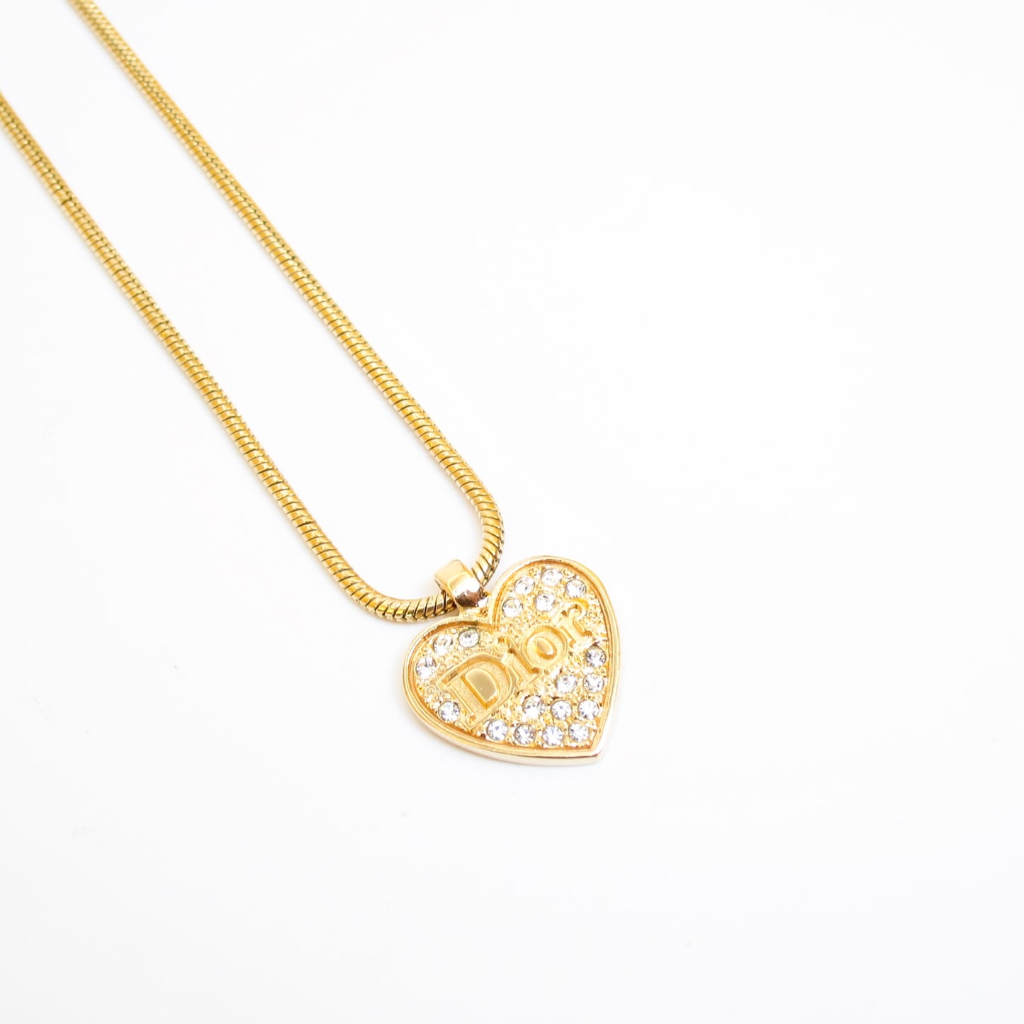 Christian Dior Vintage Dior Logo on Heart with Rhinestone Golden Necklace