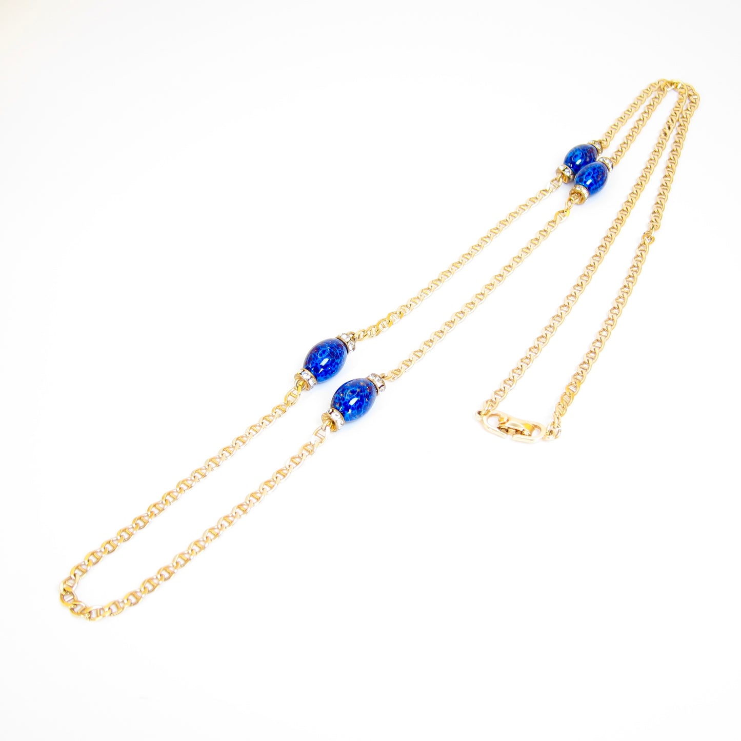 Christian Dior Vintage Lapis Lazuli Color Stone and Rhinestone Golden Long Necklace
