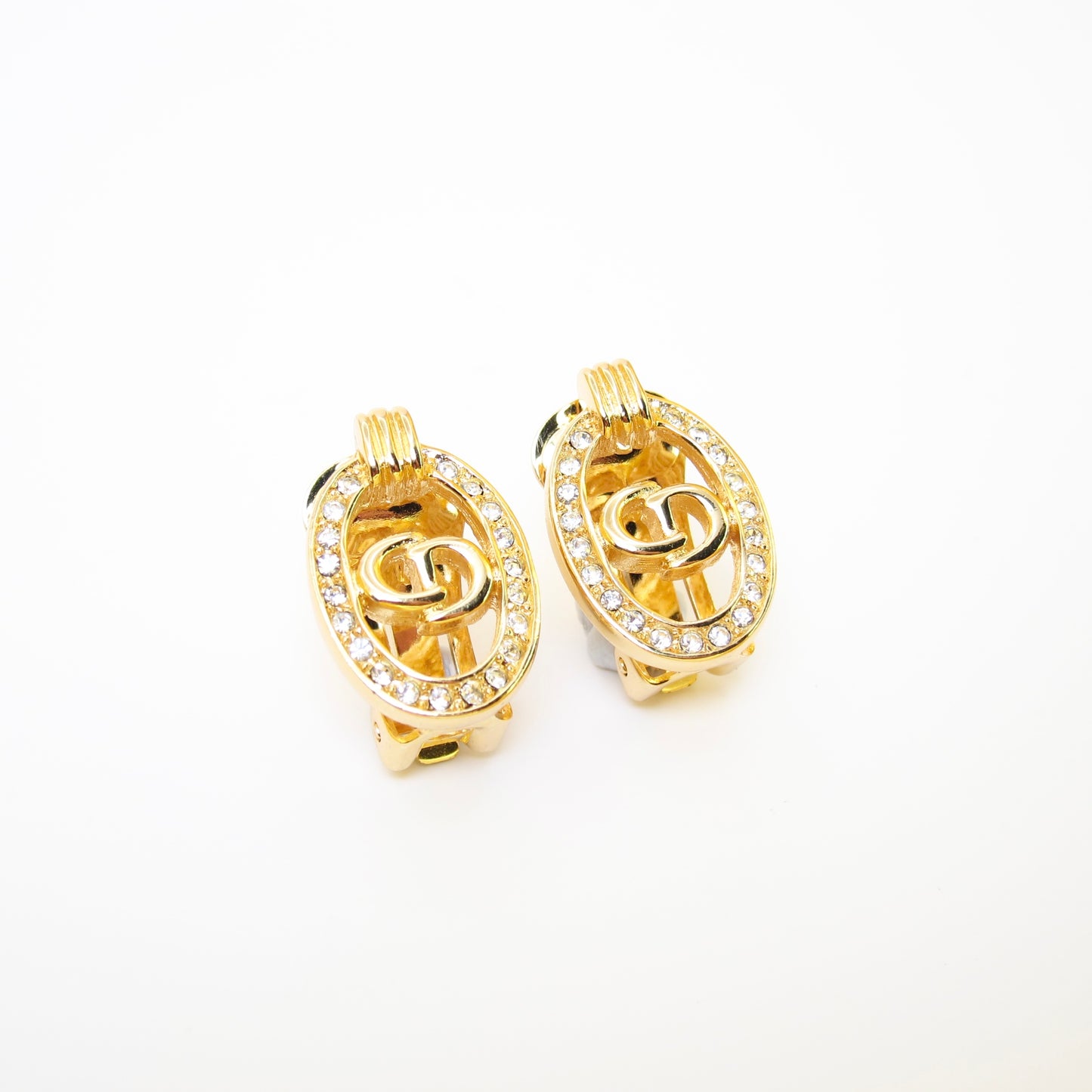 Christian Dior Vintage CD Logo in Oval Shape with Rhinestone Golden Clip-on Earrings