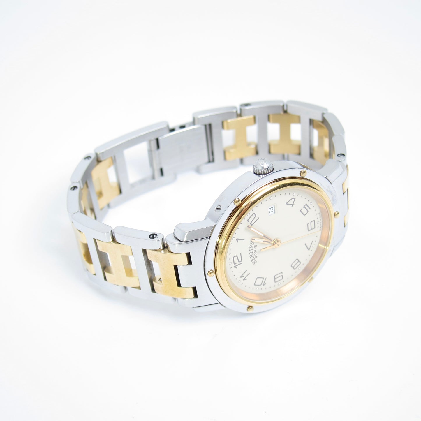 Hermes Vintage Clipper Ivory Dial with Date and H Bracelet Two Tone Watch