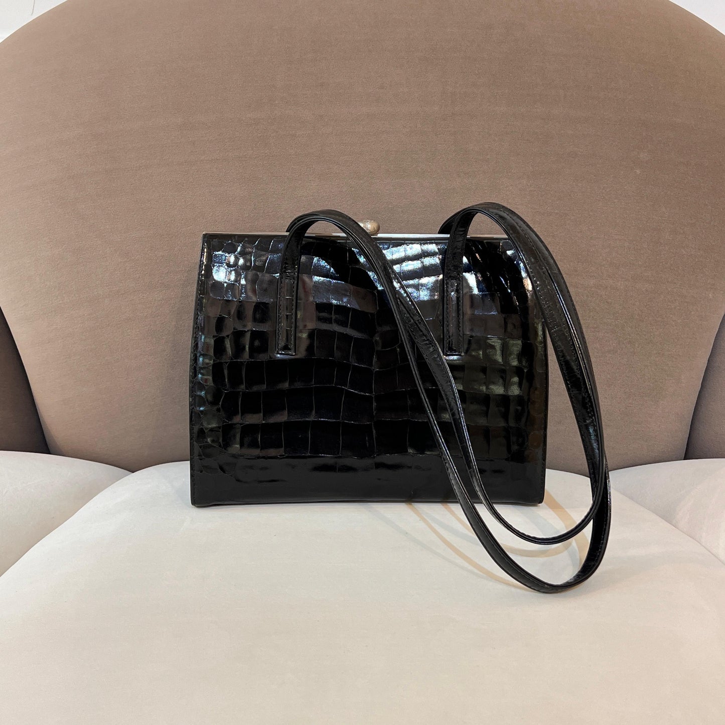 Versace Vintage Black Crocodile-Embossed Leather Tote Bag With Clasp Closure