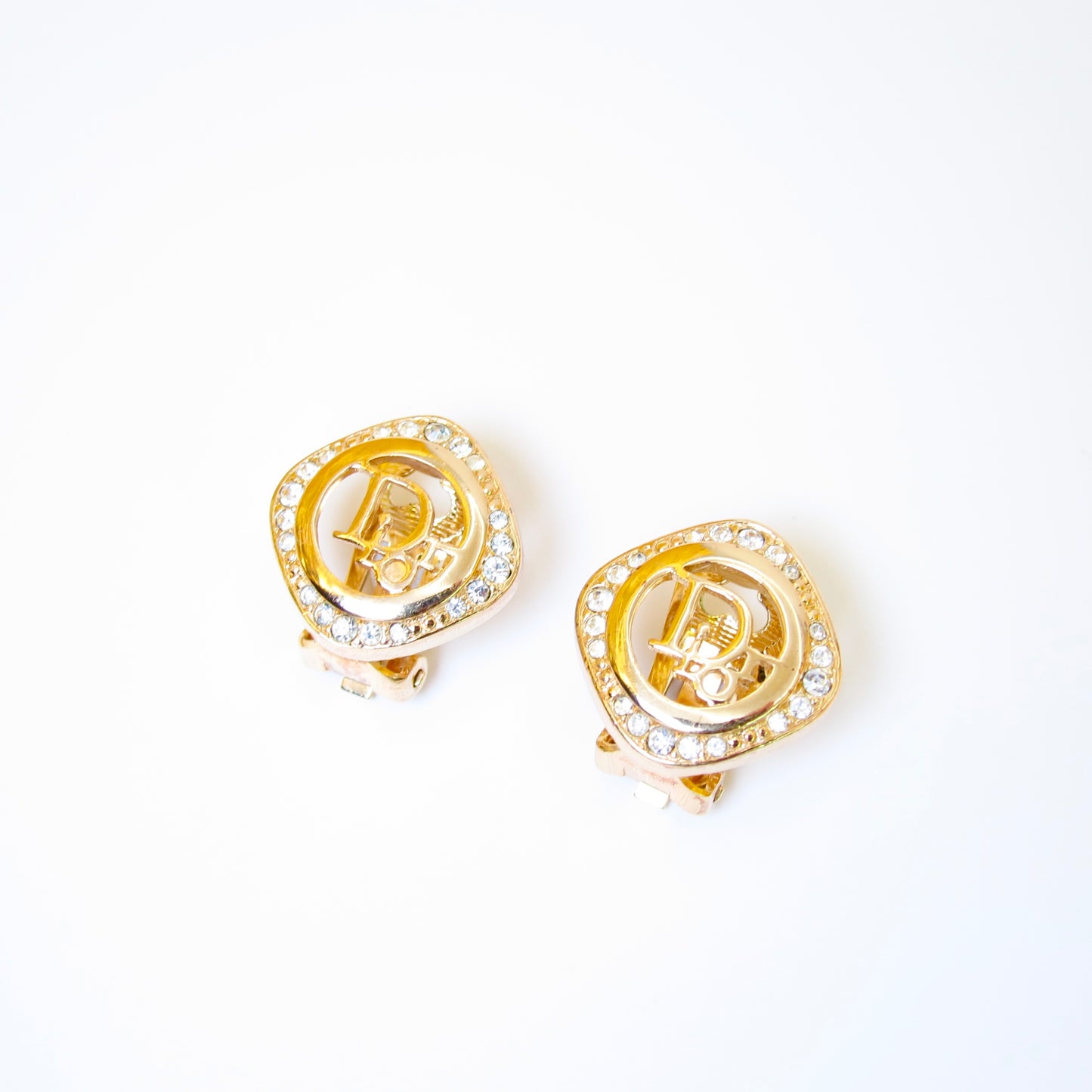 Christian Dior Vintage Dior Logo in Rhombus with Rhinestone Golden Clip-on Earrings