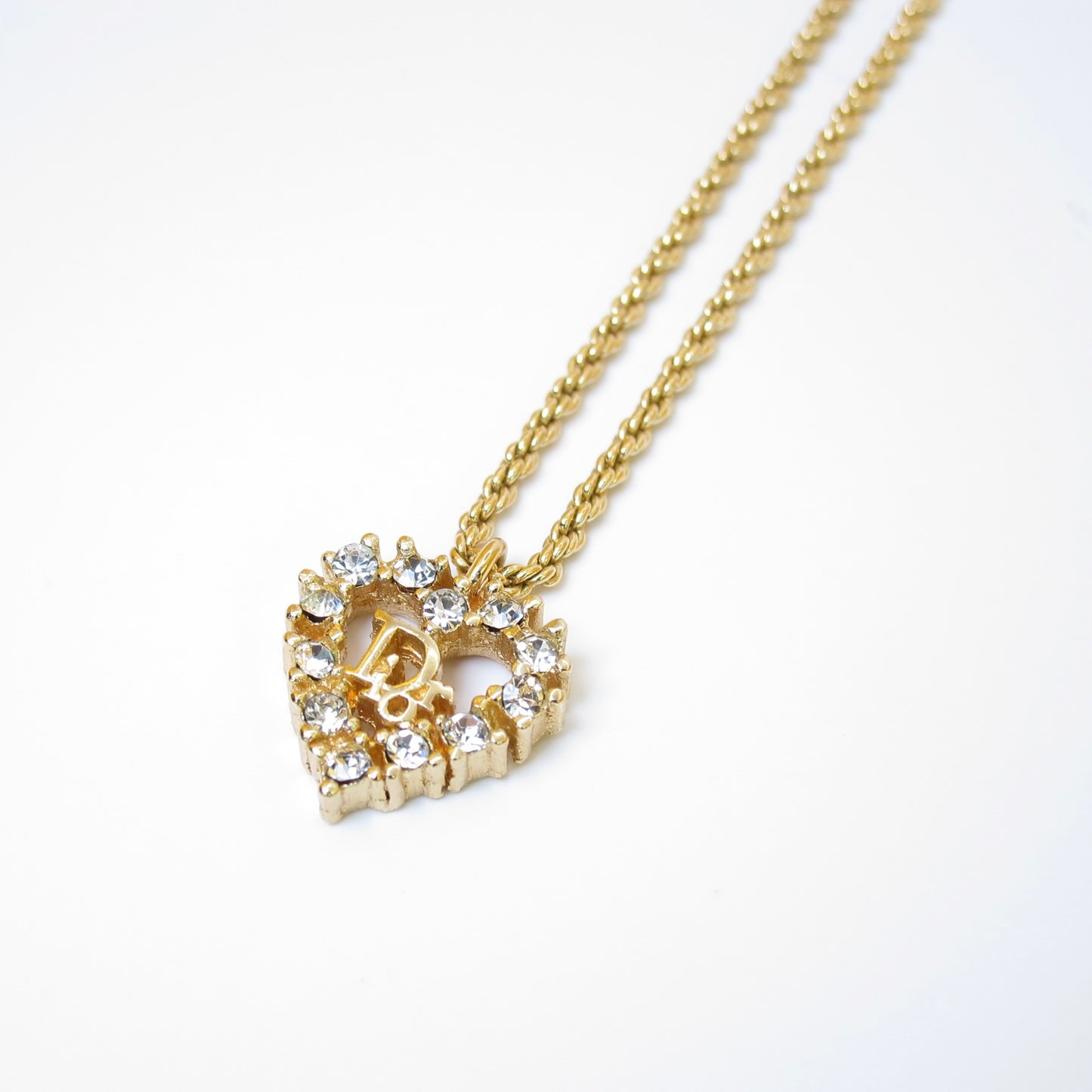 Christian Dior Vintage Dior Logo in Heart Shape with Rhinestone Golden Necklace